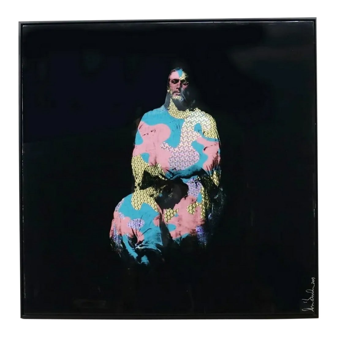 Large Embellished Giclee Lacquered Print by Shane Bowden: Large framed embellished giclee print on lacquered panel by Shane Bowden (Australian, b.1974). Piece is titled "Born Again," and signed and dated 2013 to lower right. Frame is black float frame.