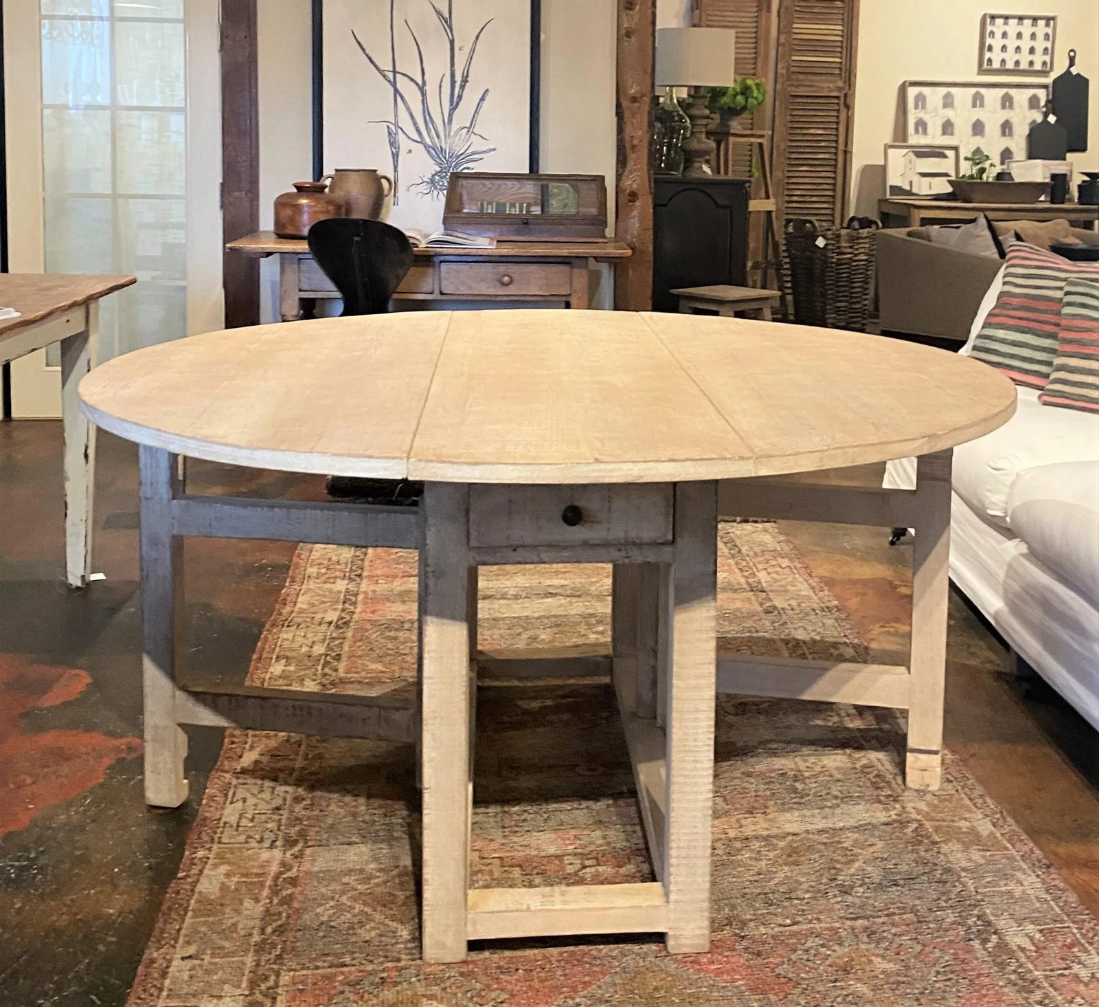 Vintage 60" Dovetail White Washed Rustic Drop Leaf Dining Table - 2