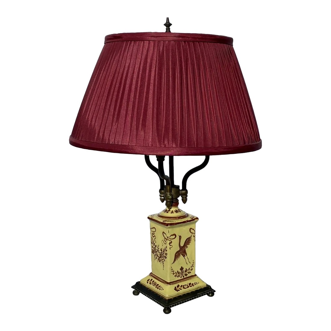 Hand Painted Ceramic Table Lamp, Bouillotte Style: A distinguished decorative piece with antique charm, perfect for curated interiors or collections. A ceramic variation of a bouillotte lamp with three candelabras and a pleated silk shade, the hand pa