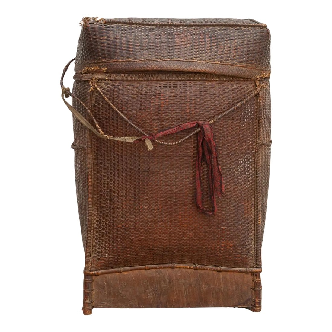 Rare Antique Double Woven Storage Basket From Burma: Early 20th Century finely woven basket with its original lid. This antique Burmese basket was used to store and carry food items. Found in Burma, this antique container comes from the Rawang people. T