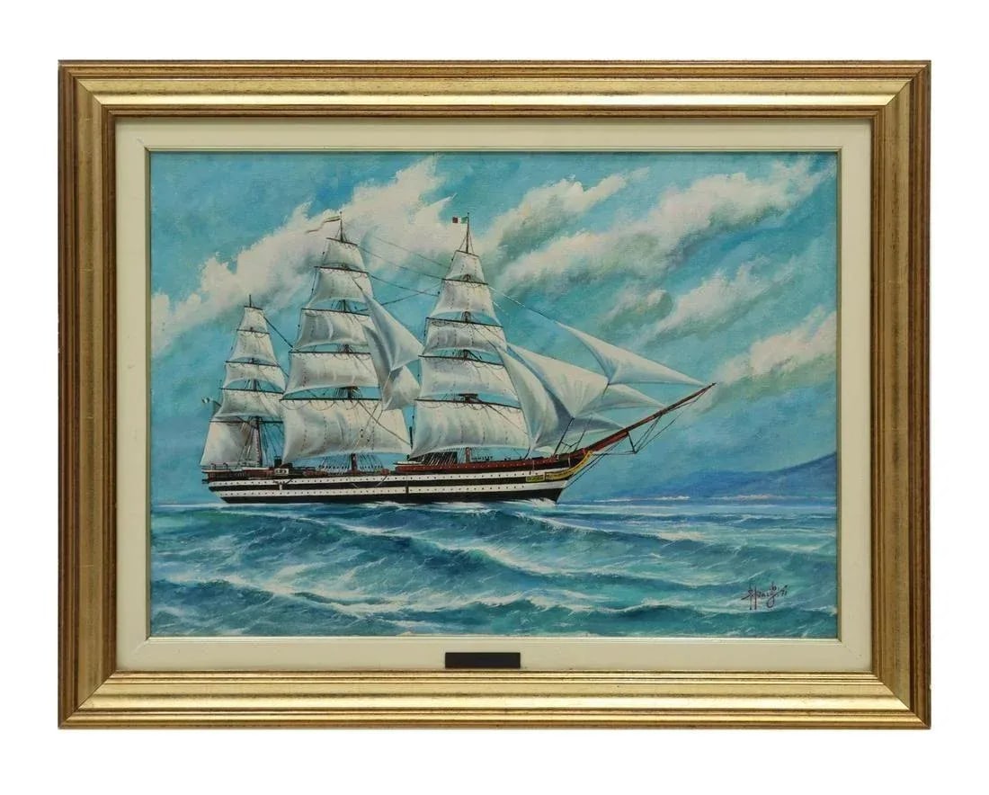 1970s "La Spezia Nave Scuola Amerigo Vespucci" Nautical Oil Painting Signed GP, Framed - 6