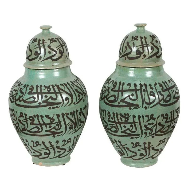 Moorish Green Ceramic Urns With Chiseled Arabic Calligraphy Writing - a Pair - 8