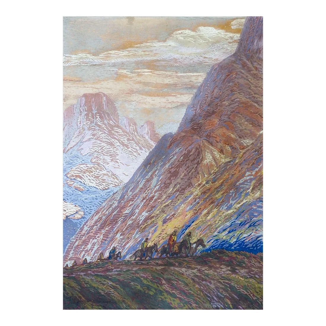 Vintage Fred Grayson Sayre Mountain Landscape Serigraph: Antique circa 1910 serigraph on artist board landscape by Fred Grayson Sayre (1897-1939) California. Native Americans on horseback riding through mountians. Signed in print lower left corner. Very pai