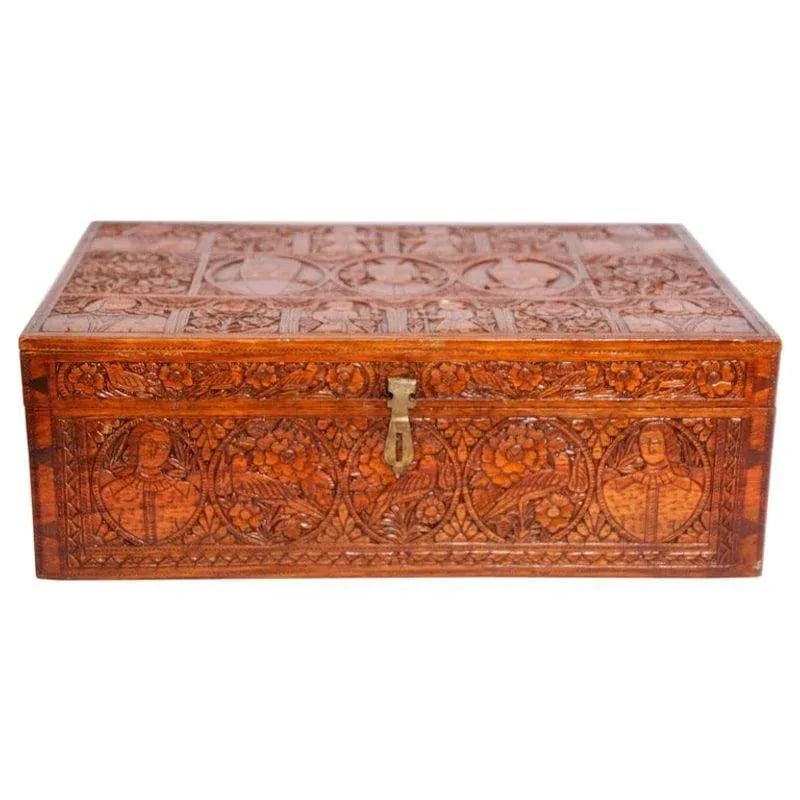 19th Century Large Antique Hand Carved Wooden Mughal Decorative Box - 13