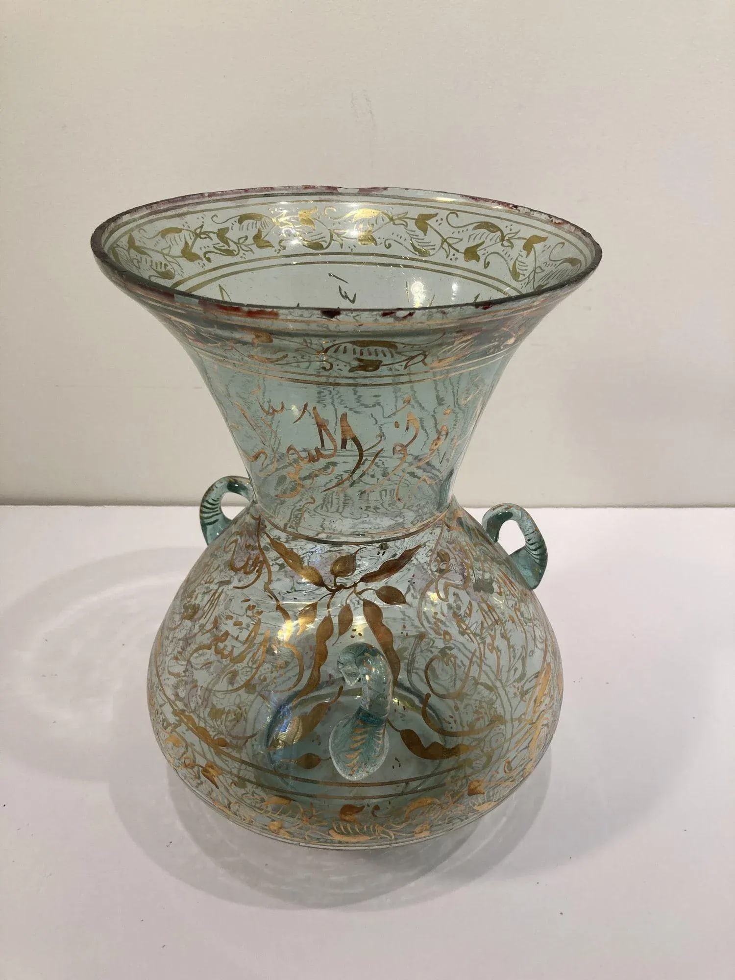 1940s Handblown Mosque Glass Lamp in Moorish Style Gilded With Arabic Calligraphy - 13