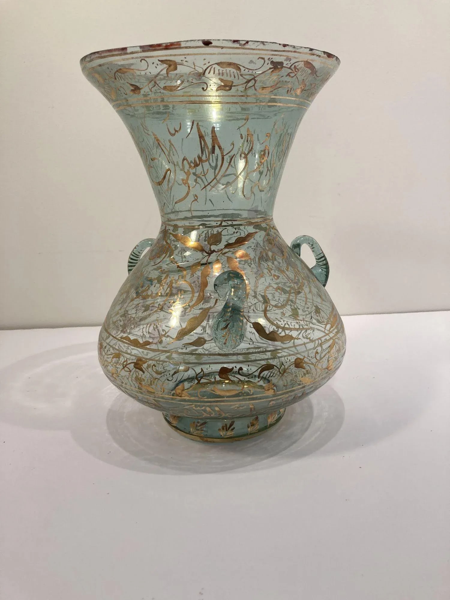 1940s Handblown Mosque Glass Lamp in Moorish Style Gilded With Arabic Calligraphy - 2