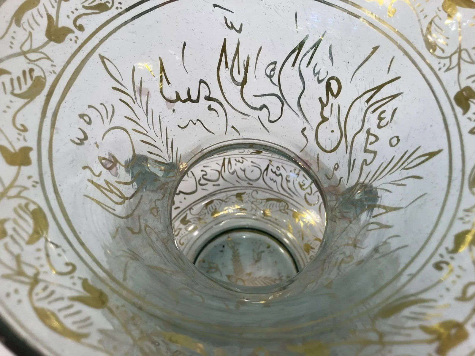 1940s Handblown Mosque Glass Lamp in Moorish Style Gilded With Arabic Calligraphy - 7