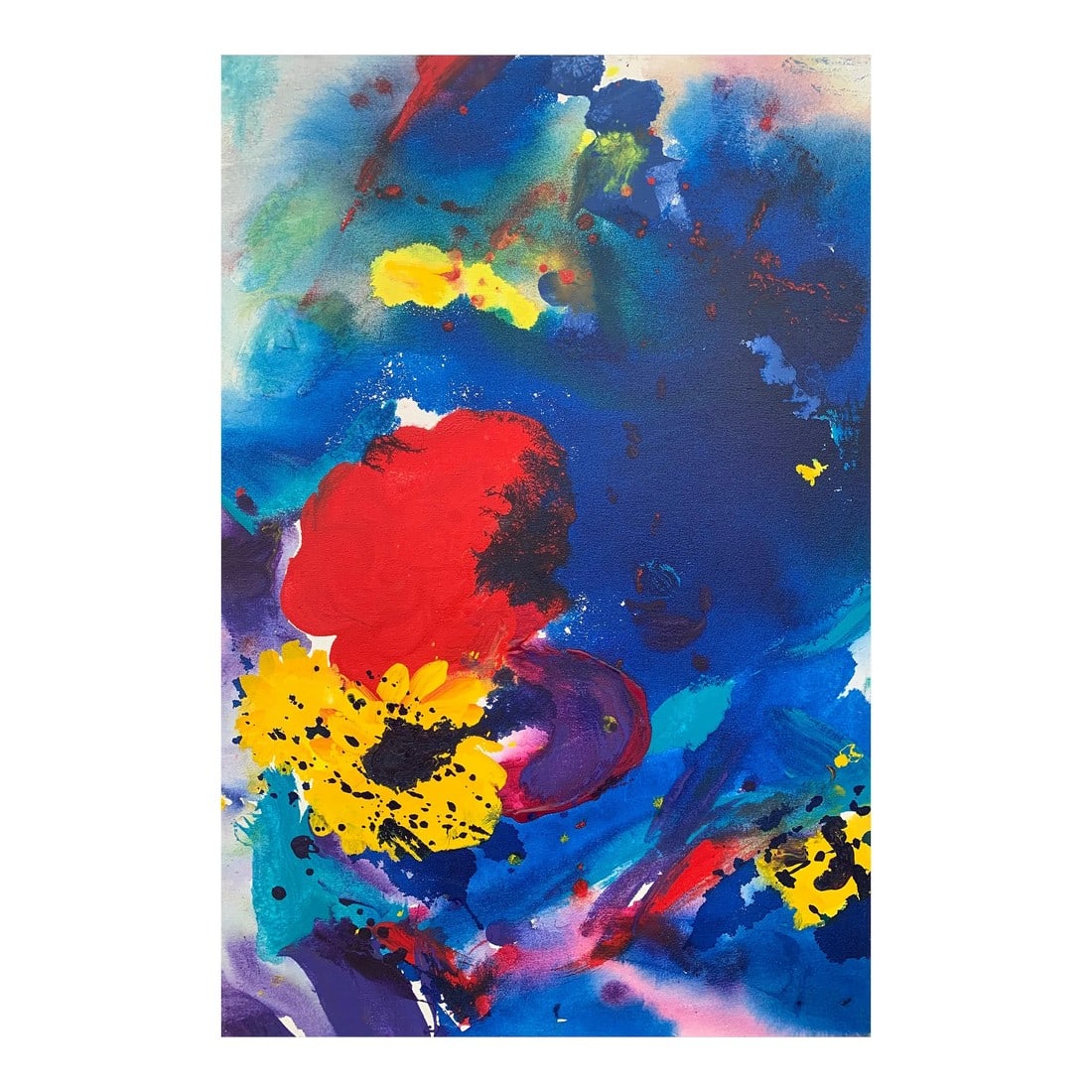 Margaret Francis, Abstract Flowers Painting Blue Red Yellow Purple Colour by Modern British Artist,: Abstract Flowers Blue Red Yellow Purple Painting entitled 'When Sonny gets Blue' from Modern British Artist Margaret Francis, widow of famous Abstract Expressionist Artist, Sam Francis. Margaret Franc