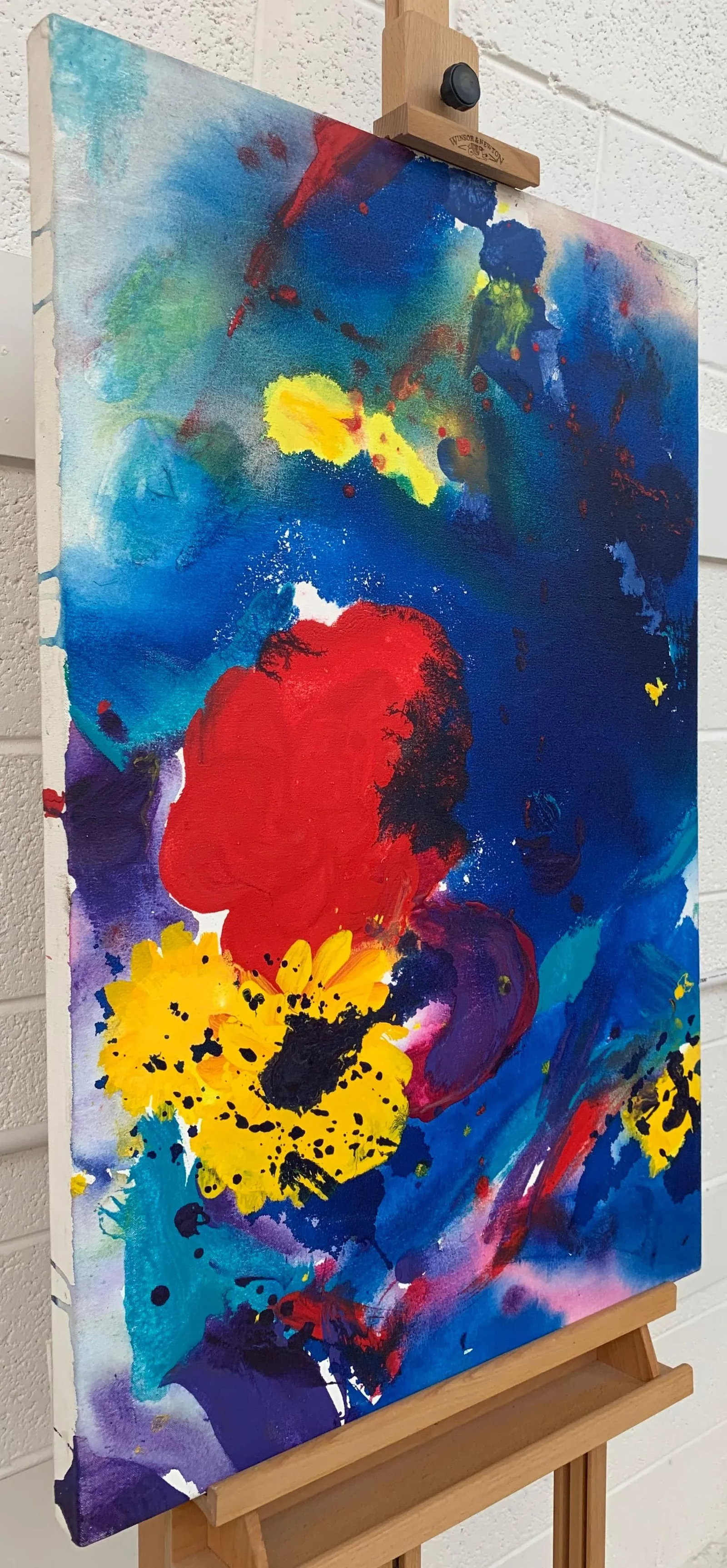 Margaret Francis, Abstract Flowers Painting Blue Red Yellow Purple Colour by Modern British Artist, - 2
