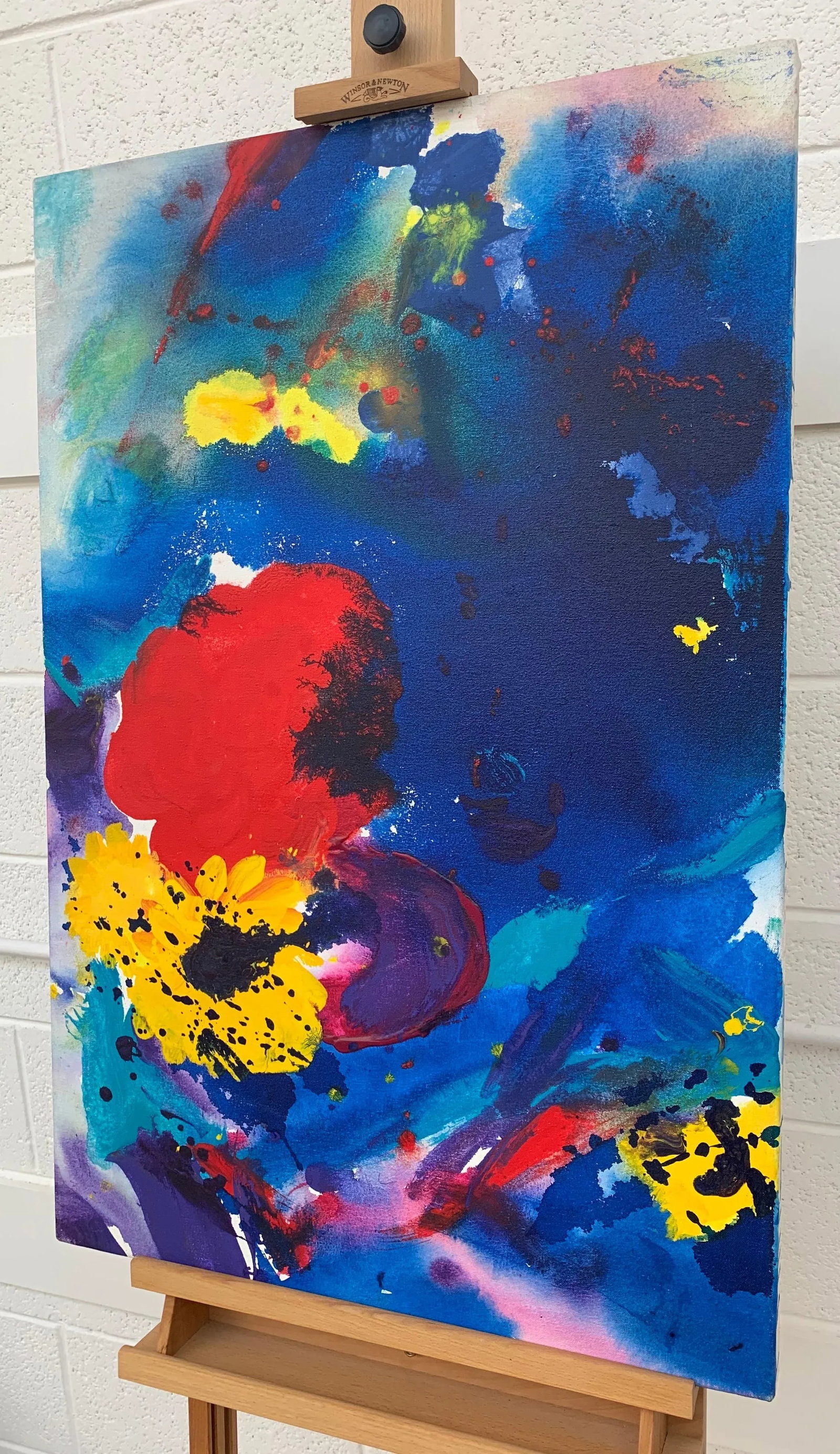 Margaret Francis, Abstract Flowers Painting Blue Red Yellow Purple Colour by Modern British Artist, - 3