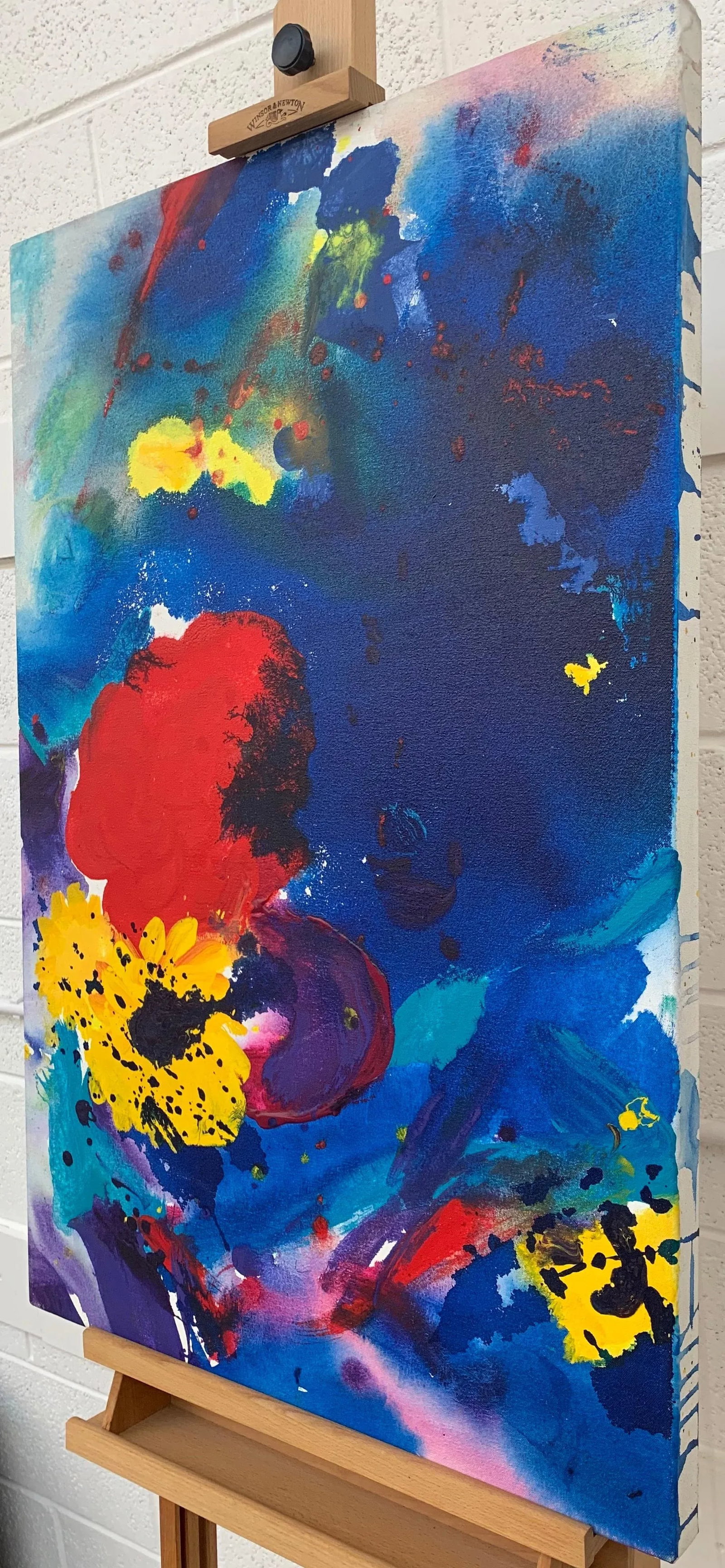 Margaret Francis, Abstract Flowers Painting Blue Red Yellow Purple Colour by Modern British Artist, - 4