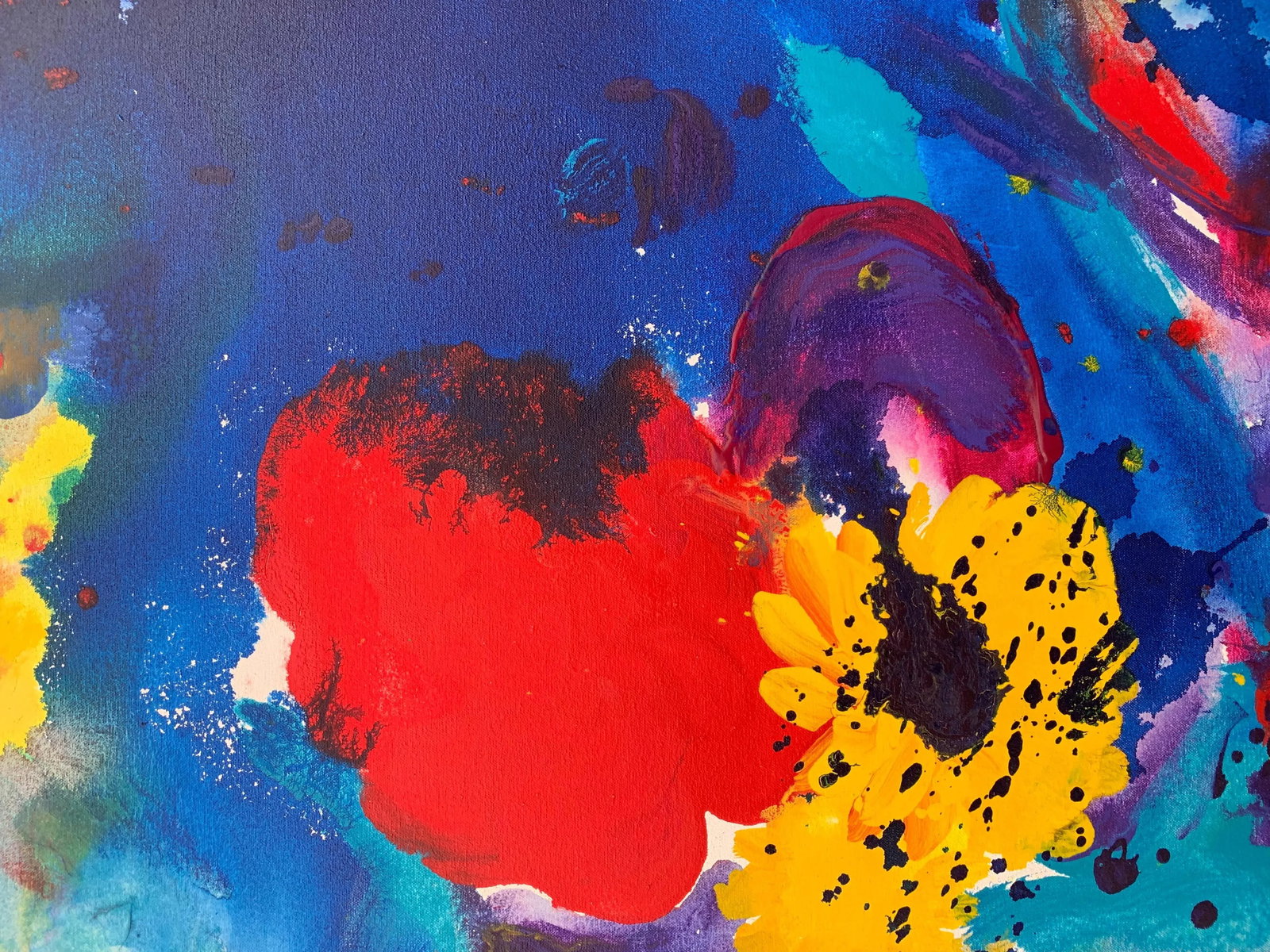 Margaret Francis, Abstract Flowers Painting Blue Red Yellow Purple Colour by Modern British Artist, - 5