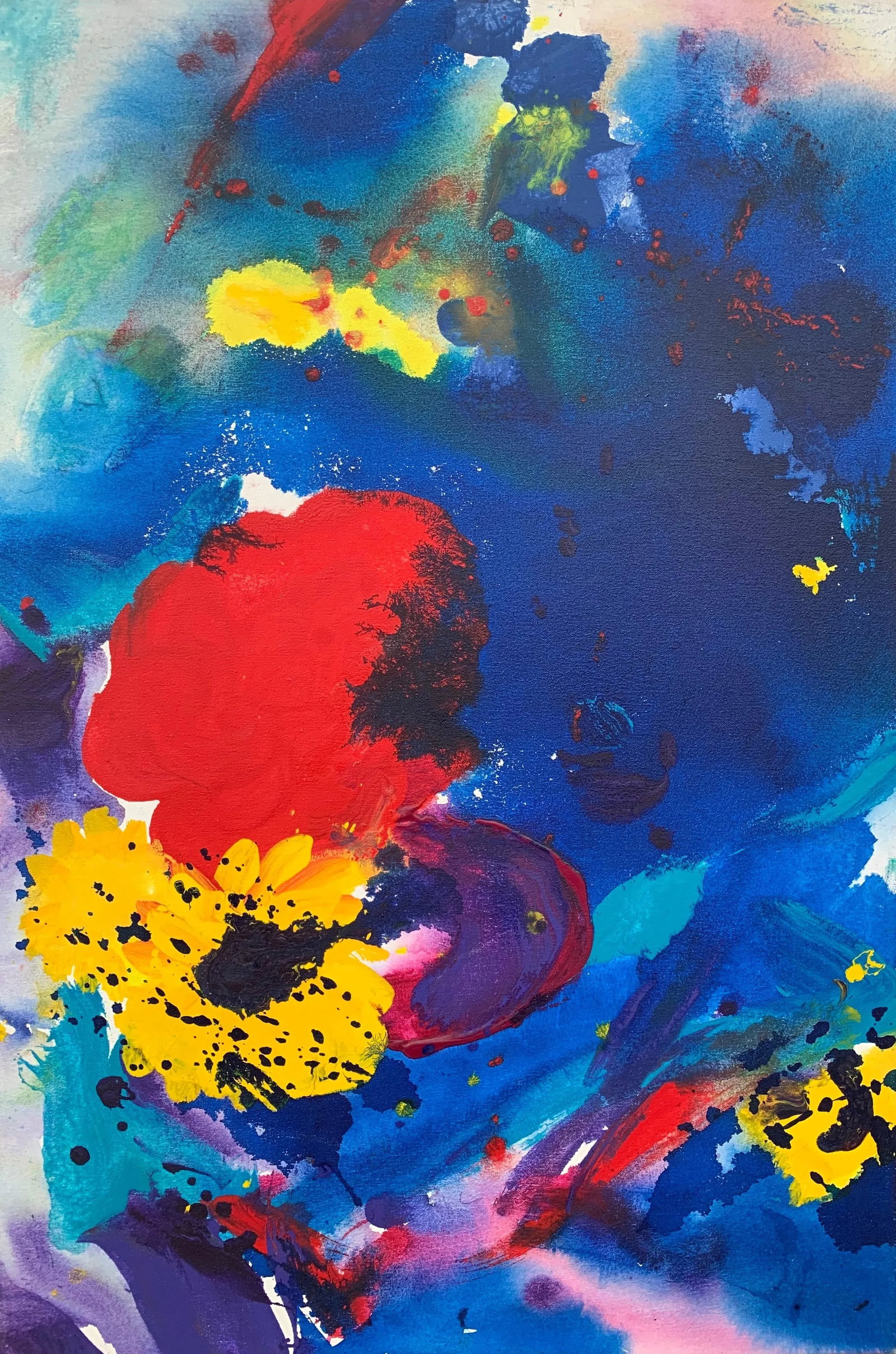 Margaret Francis, Abstract Flowers Painting Blue Red Yellow Purple Colour by Modern British Artist, - 7