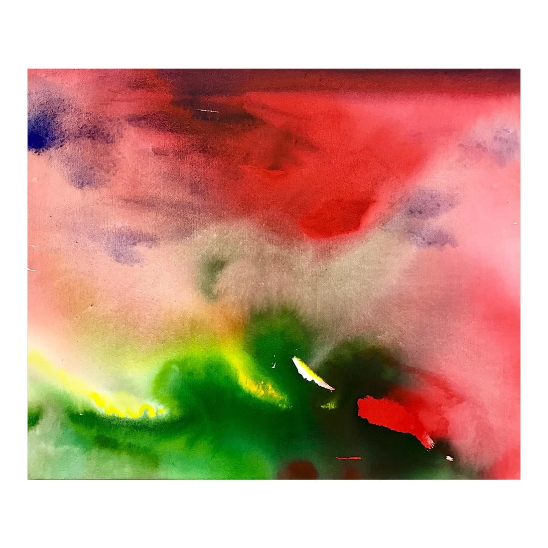 Red and Green Modern Abstract Landscape Painting on Canvas by British Artist, 2001: Red and Green Modern Abstract Landscape Painting on Canvas from leading British Artist Margaret Francis, widow of Sam Francis. Margaret Francis received her Degree in Fine Art from Winchester Art Scho