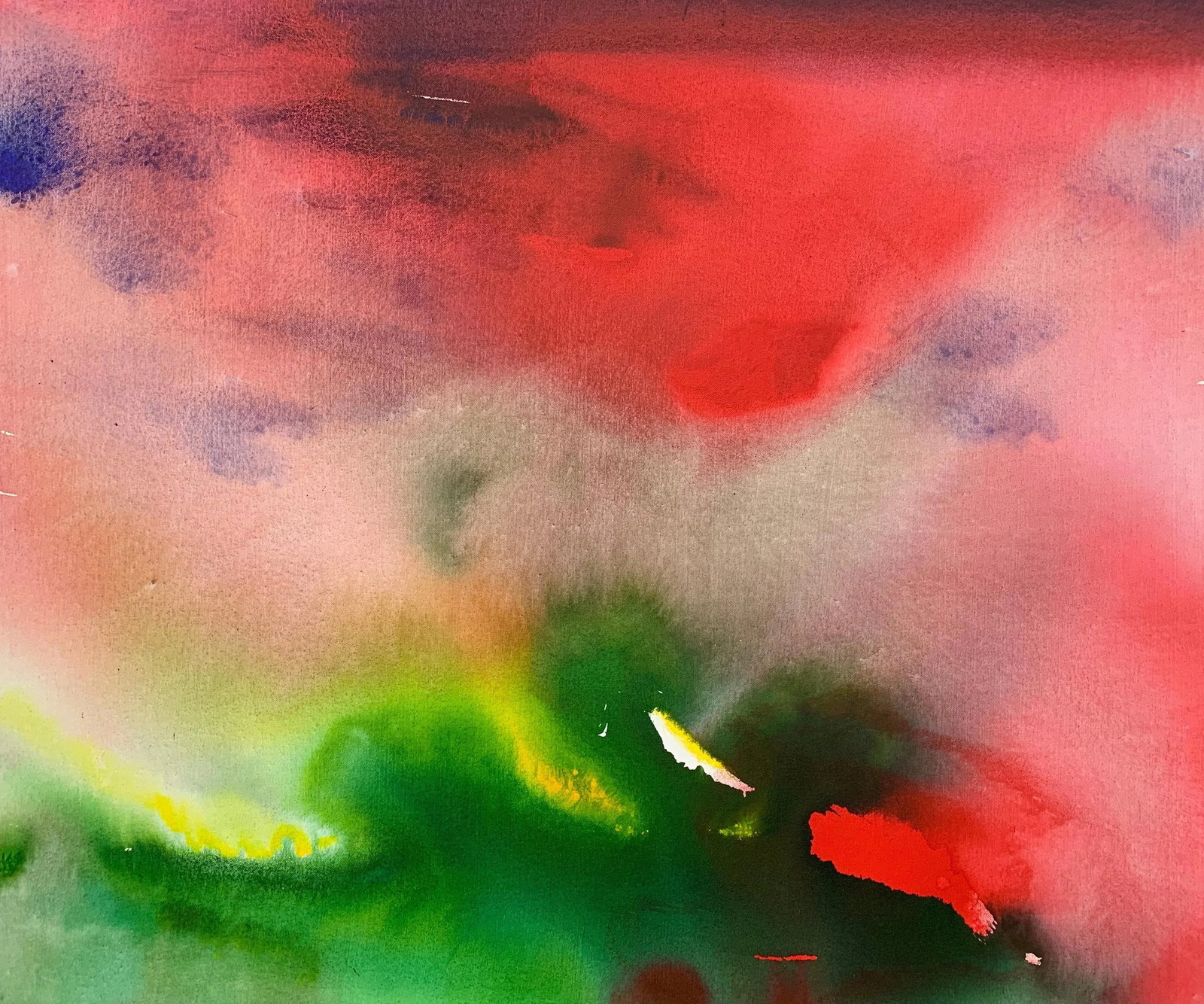 Red and Green Modern Abstract Landscape Painting on Canvas by British Artist, 2001 - 2