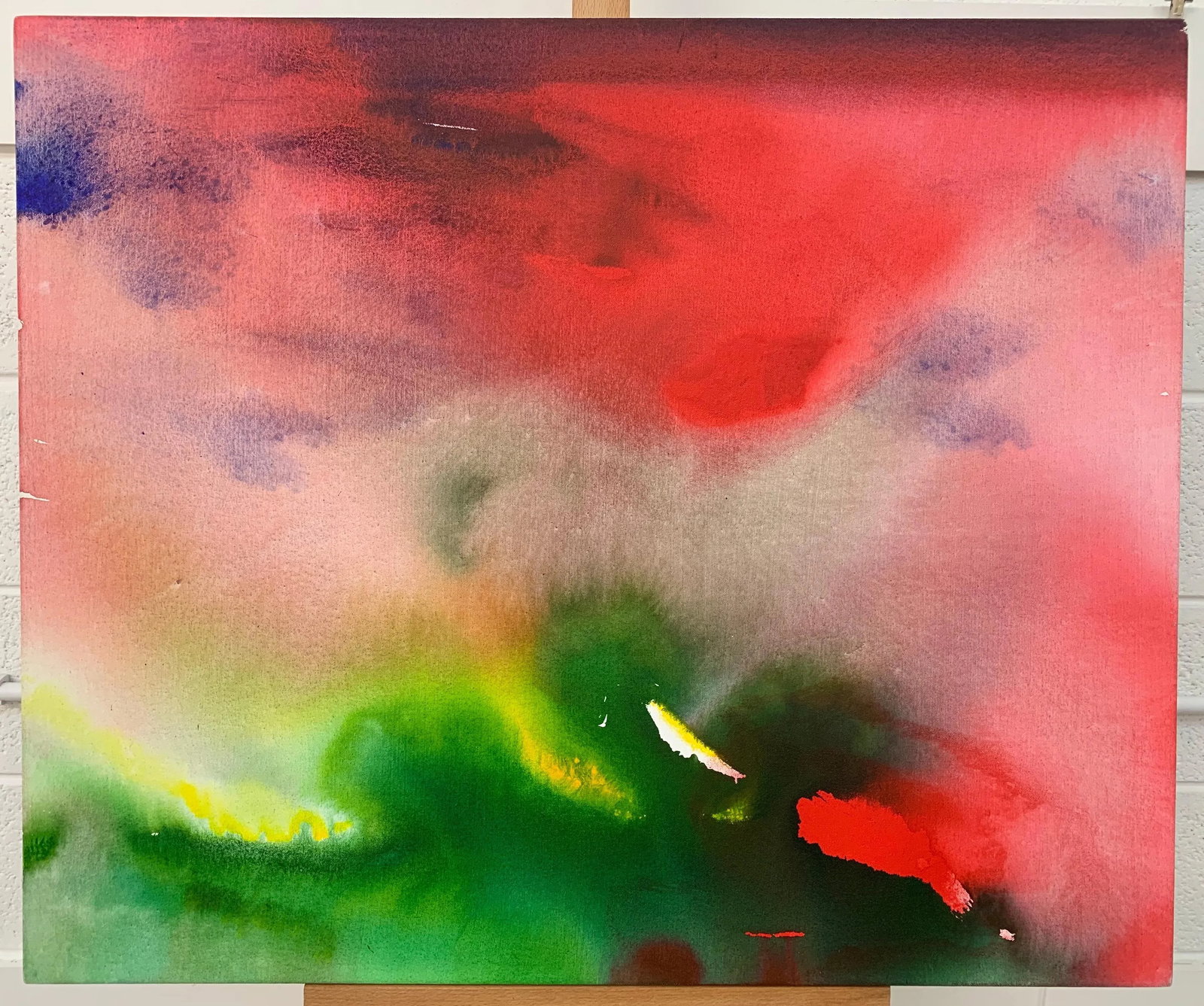 Red and Green Modern Abstract Landscape Painting on Canvas by British Artist, 2001 - 3