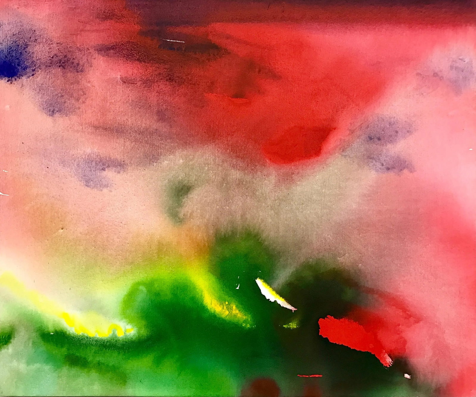 Red and Green Modern Abstract Landscape Painting on Canvas by British Artist, 2001 - 8