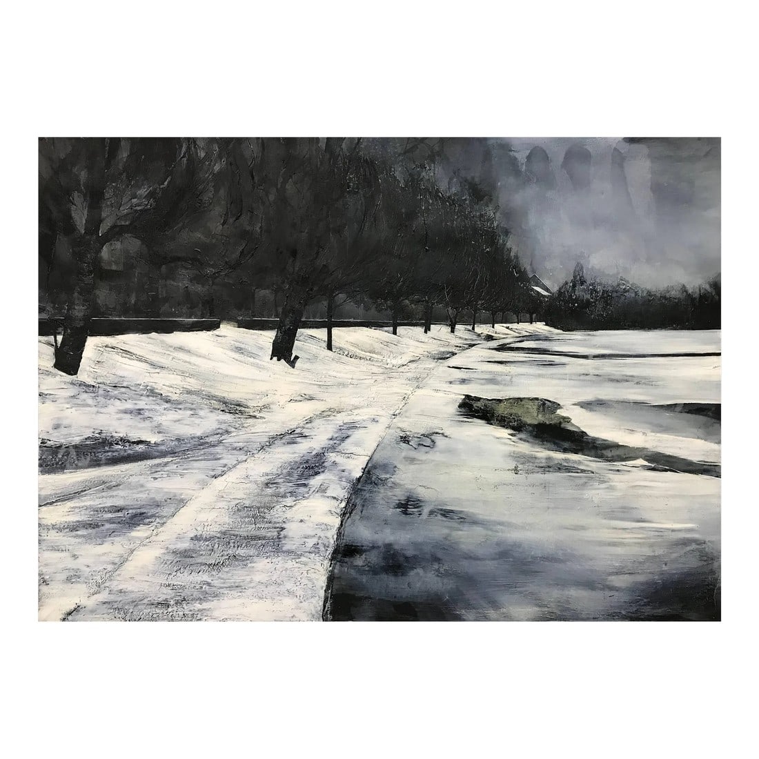 Contemporary Atmospheric Black & White Monochrome Landscape Wilderness Painting, 2008: Contemporary Atmospheric Black & White Monochrome Landscape Wilderness Painting by 20th Century Artist. Mark Thompson is a seasoned professional painter with international representation in Sweden,