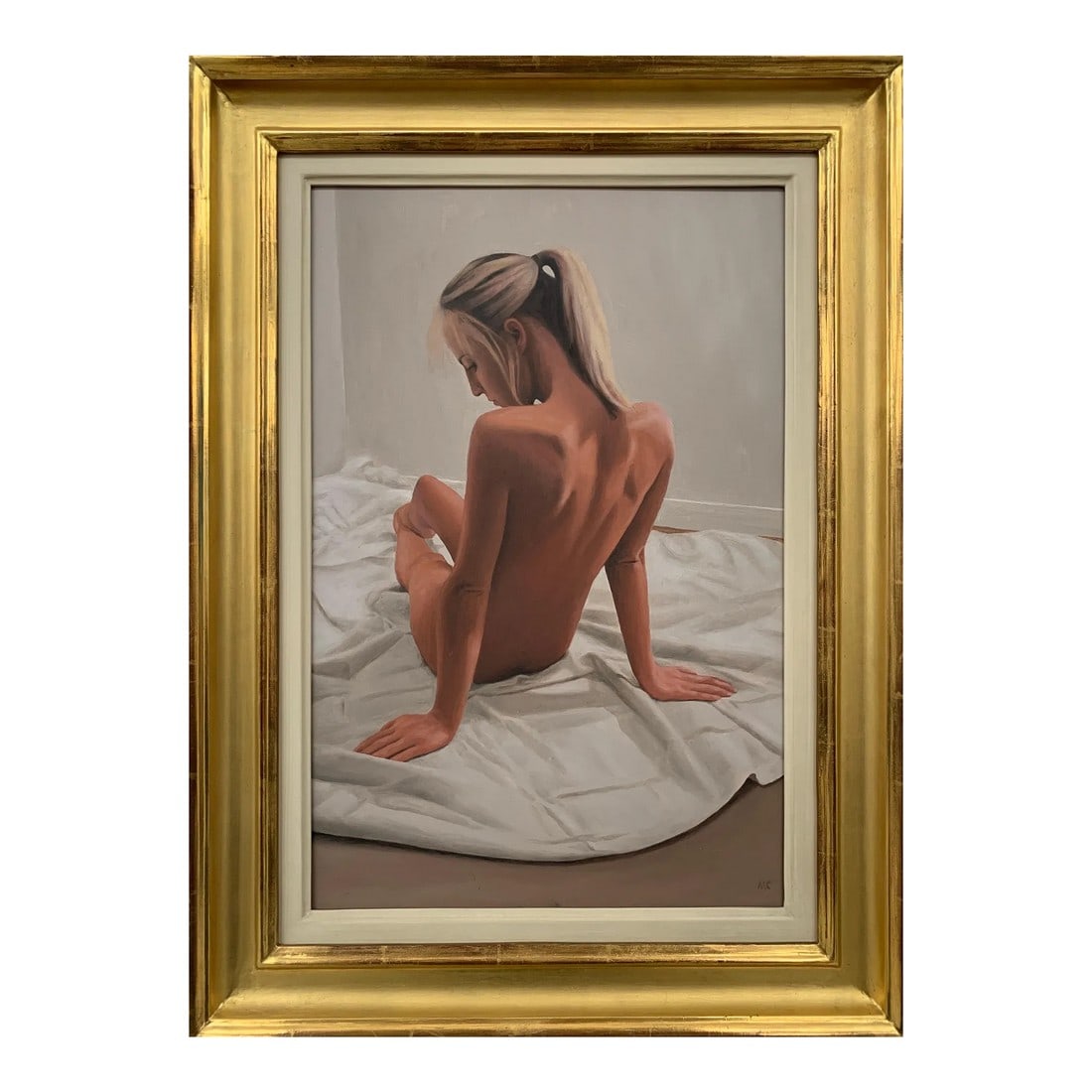 Mark Clark, Oil Painting of Seated Female Nude Figure by British Contemporary Artist, 2000 Circa: Oil Painting of Seated Female Nude Figure by British Contemporary Artist Art measures 13 x 20 inches Frame measures 18 x 25 inches Mark Clark is a British Artist, born in 1959. Clark is a graduate of
