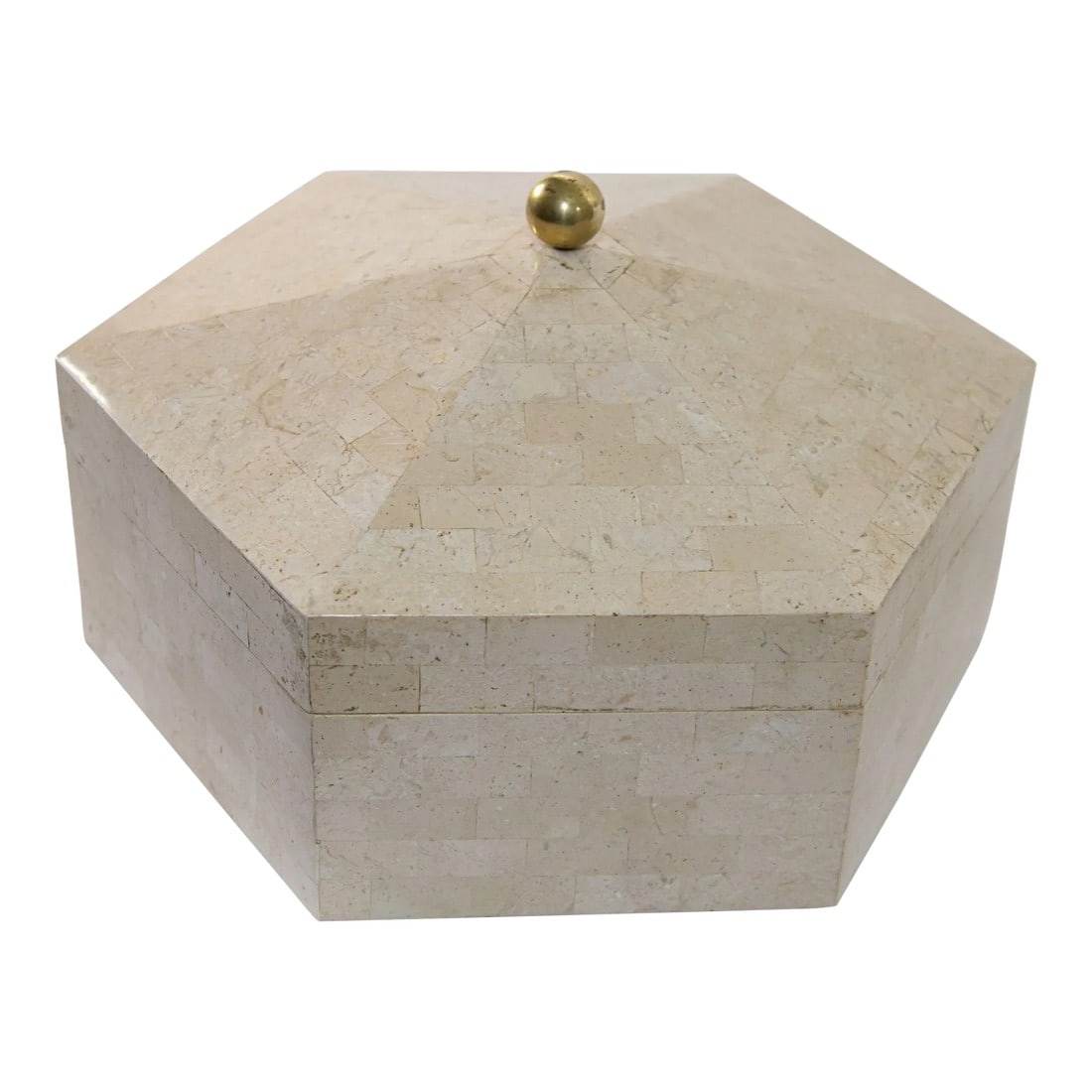 Maitland Smith Post Modern White Tessellated Hexagonal Stone Box 1980's: Post Modern 1980s Maitland Smith Marble Covered Box with hinged lid and a round polished brass pull on top. Vintage Postmodern geometric design decorative box white tessellated stone and lined with
