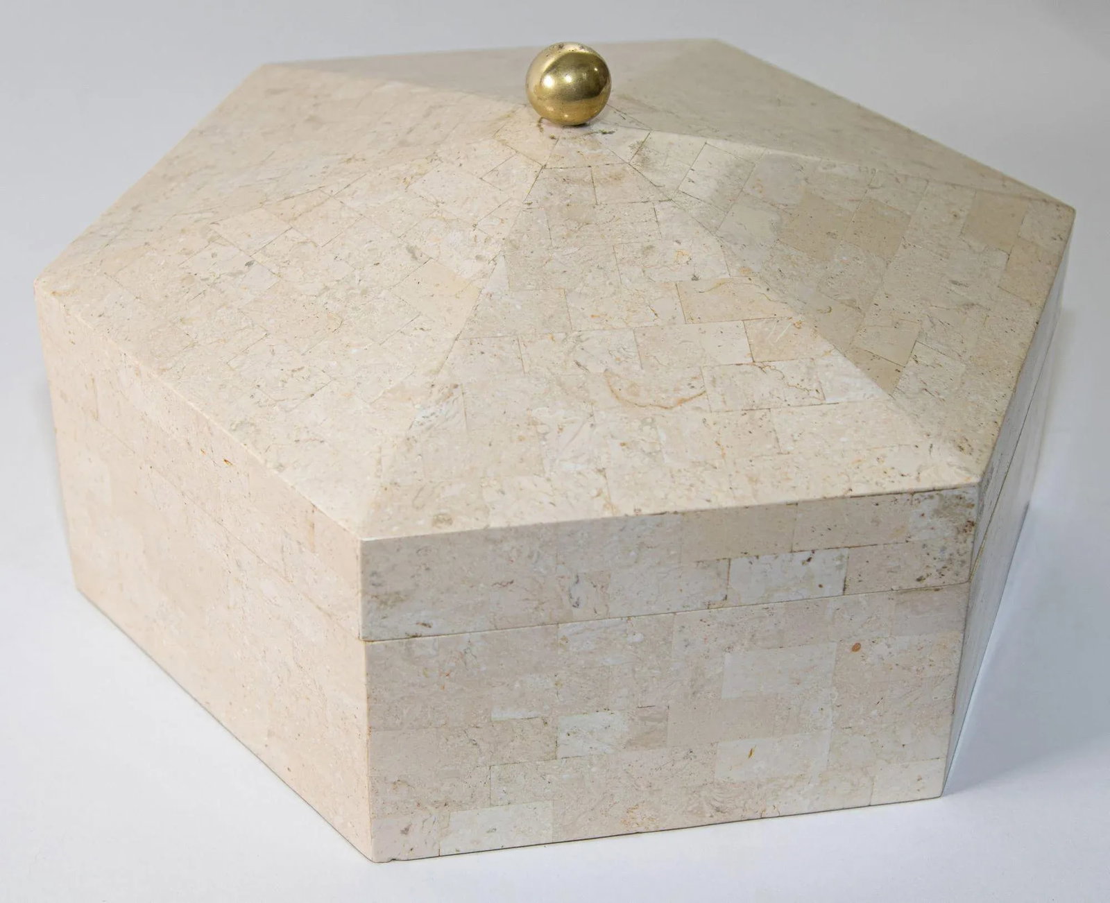 Maitland Smith Post Modern White Tessellated Hexagonal Stone Box 1980's - 2