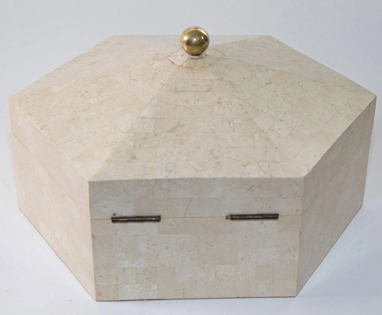 Maitland Smith Post Modern White Tessellated Hexagonal Stone Box 1980's - 3