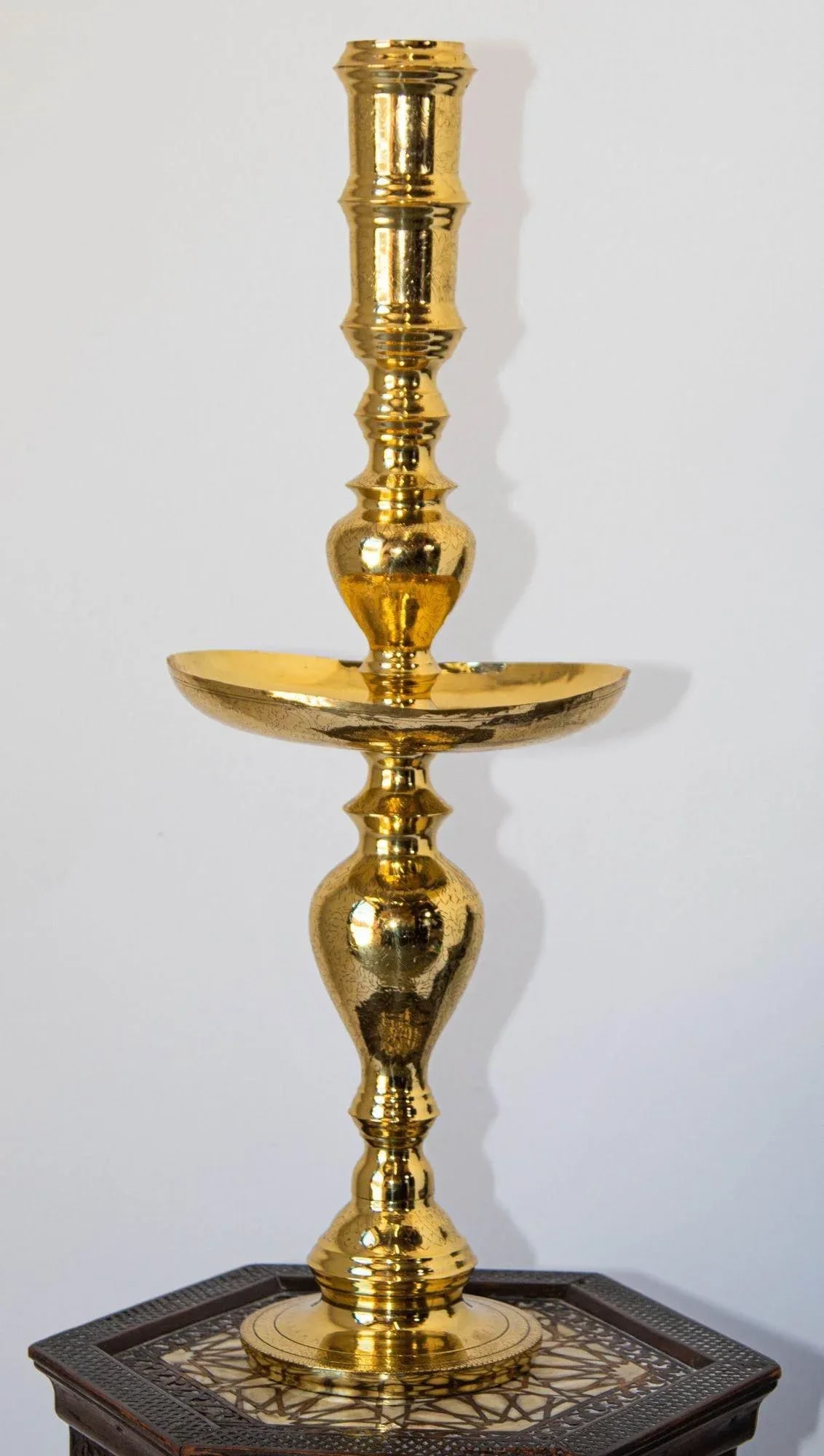 Vintage Polished Brass Moroccan Pillar Candle Holder - 12