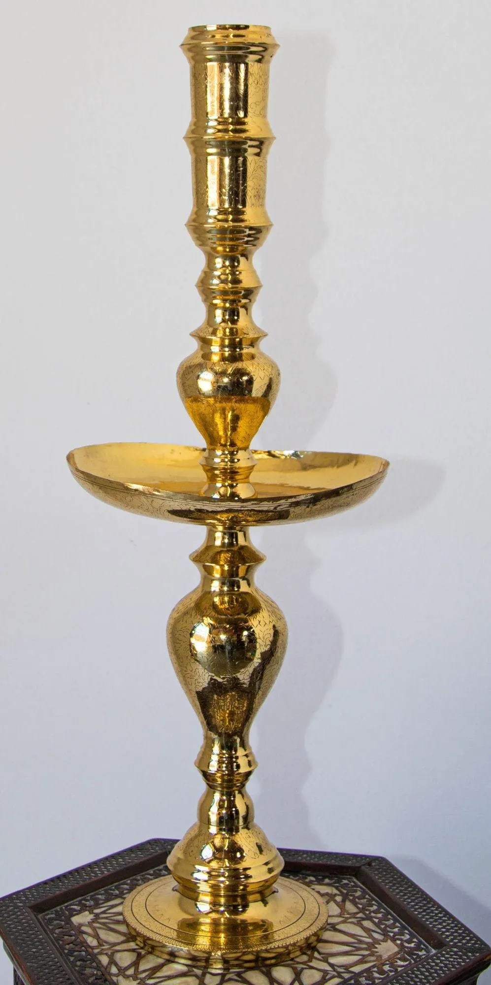 Vintage Polished Brass Moroccan Pillar Candle Holder - 3