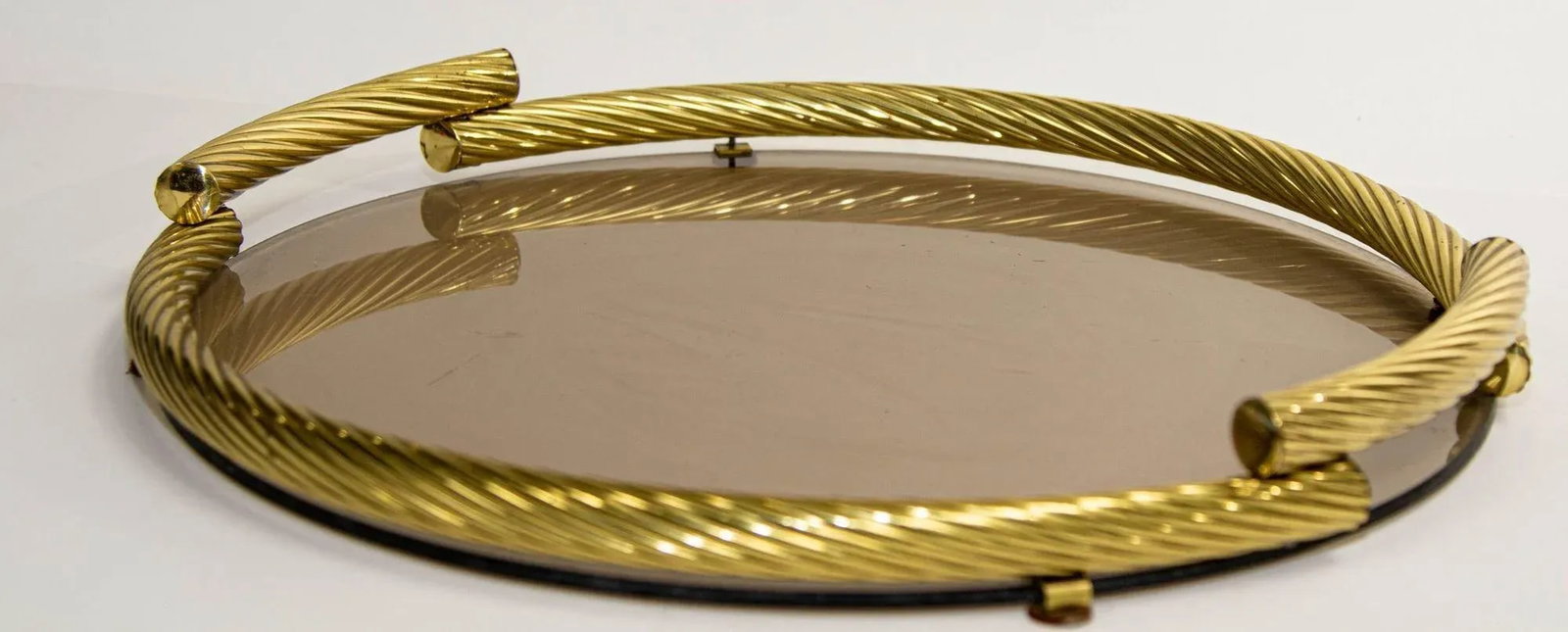Dimart Brass Italian Round Tray With Smoked Glass 1980s - 13