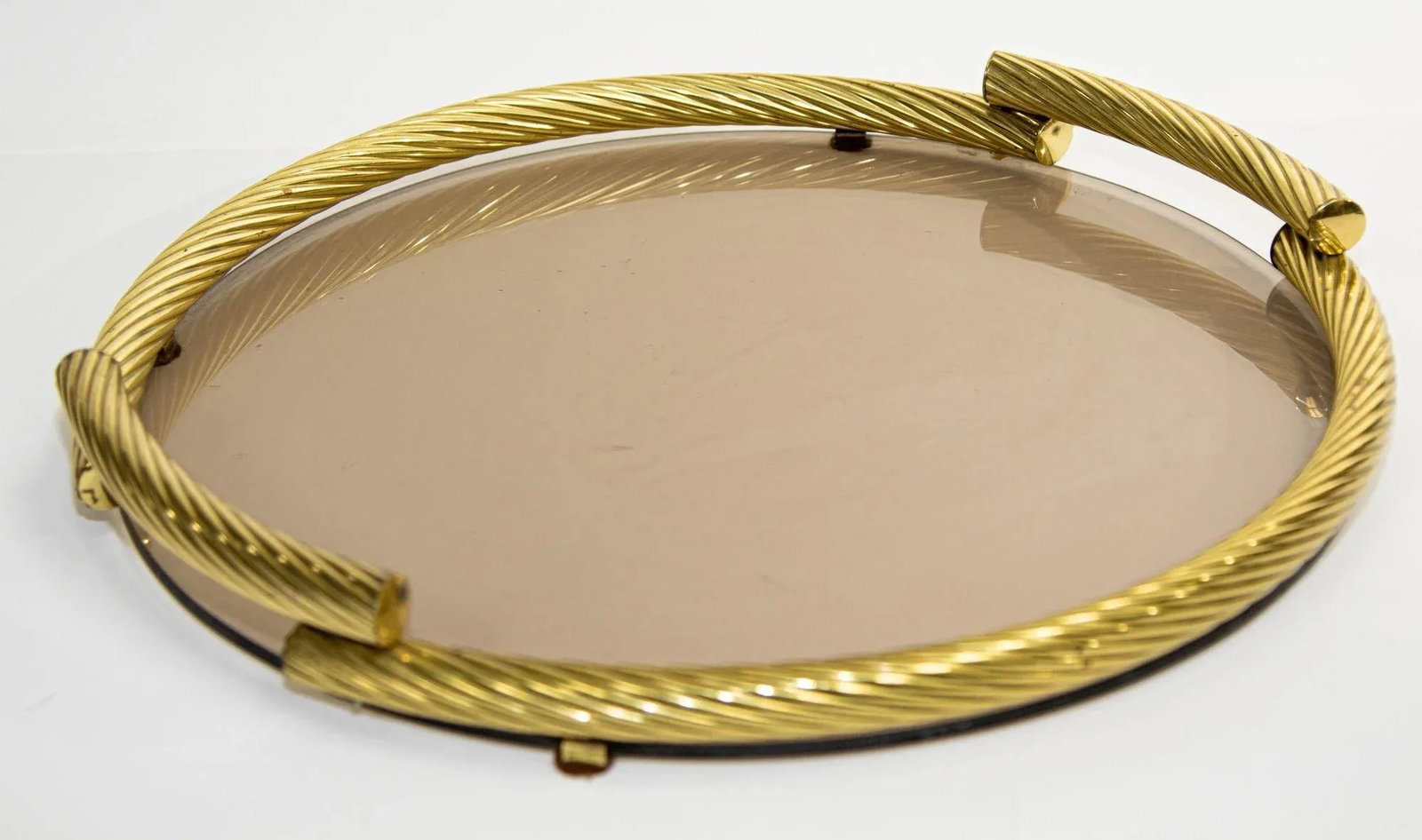Dimart Brass Italian Round Tray With Smoked Glass 1980s - 7