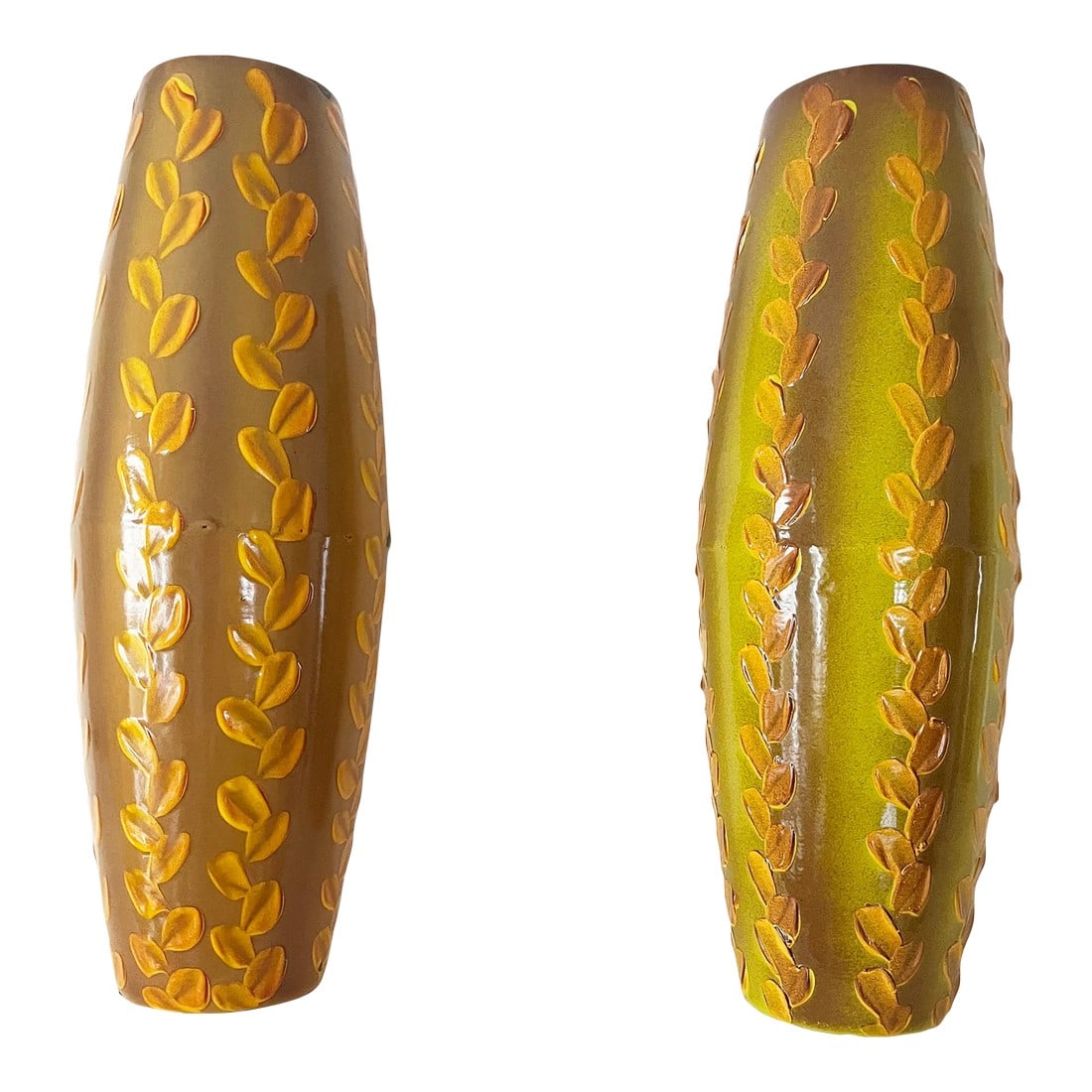 Pair of 1970s Glazed Leaf Vases by Zamoar Metalworks: Pair of retro mid century enamel vases. Manufactured by the Zamoar metalworks in Bonyhad, Hungary. This item is set up for Drop & Go Shipping, paid by No Era to ensure safe transportation of your