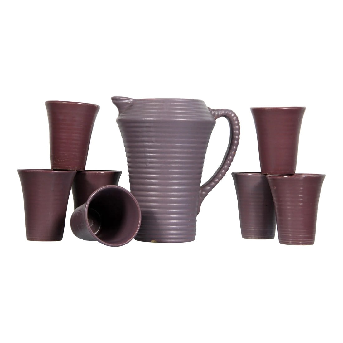 Vintage Arts & Crafts Period Purple Pottery Pitcher & Glasses - Set of 8: Fabulous vintage c.1930's set of American Arts & Crafts Period stoneware drinking glasses and matching pitcher! Made by Zanesville Pottery of Zanesville, Ohio, this is a hard to find complete set, esp