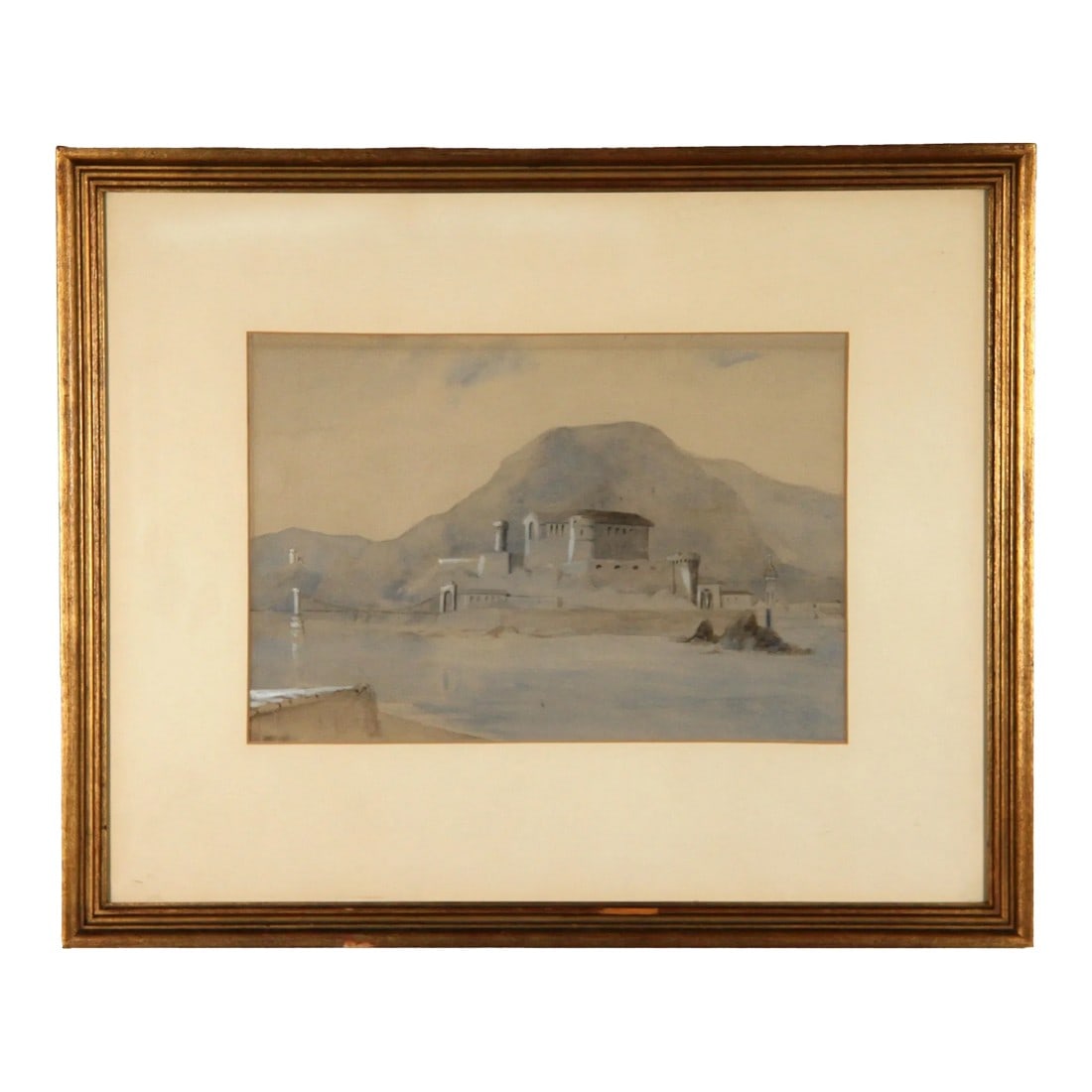 Vintage Arabesque Pastel & Gouche Cityscape Painting: Beautiful framed pastel and gouche painting depicting a small castle like structure and a suspension bridge in the background, likely Middle Eastern, with a beautiful Arabesque feel to the scene! It i