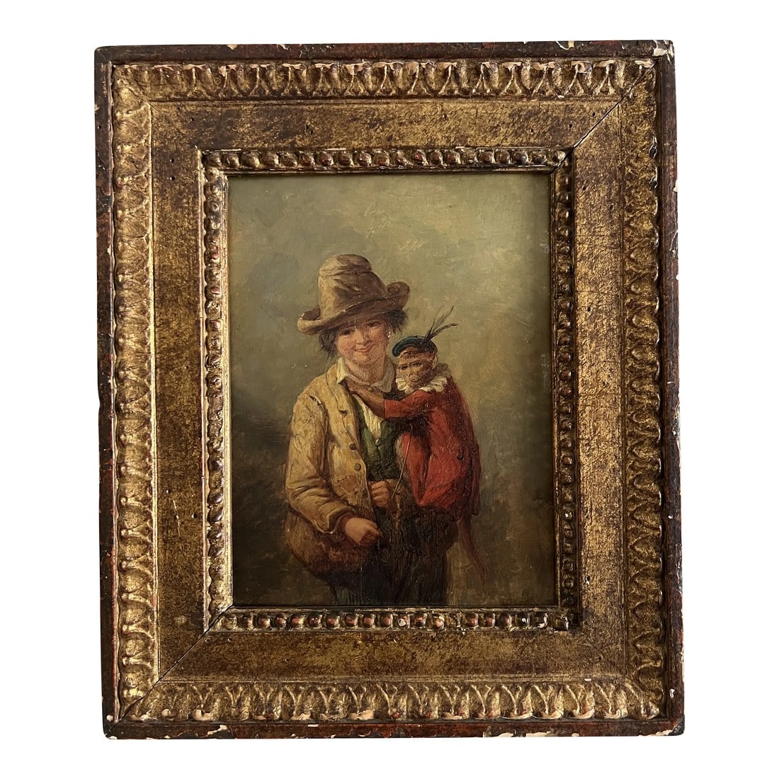 Henry Park "Young Hunter & Monkey" Oil Painting Ex Christies Provenance: Henry Park (English, 1816-1871). An adorable antique english school painting of a young child hunter with his pet monkey. Marked to lower right "H. Park". Verso of frame has Christies stamp and The
