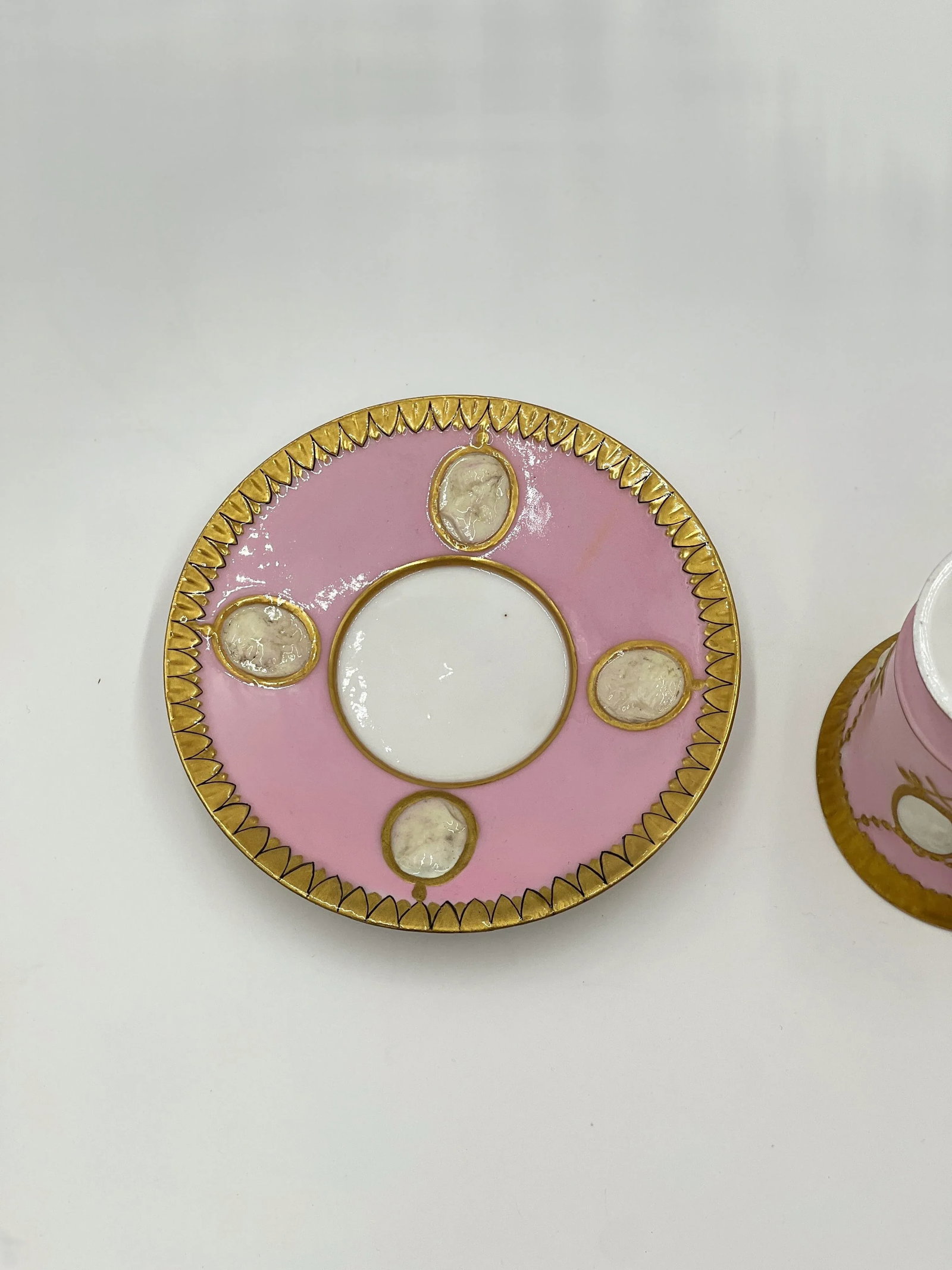 Antique Old Paris Empire Style Classical Teacup & Saucer with Bisque Faces & Ram Head - 10