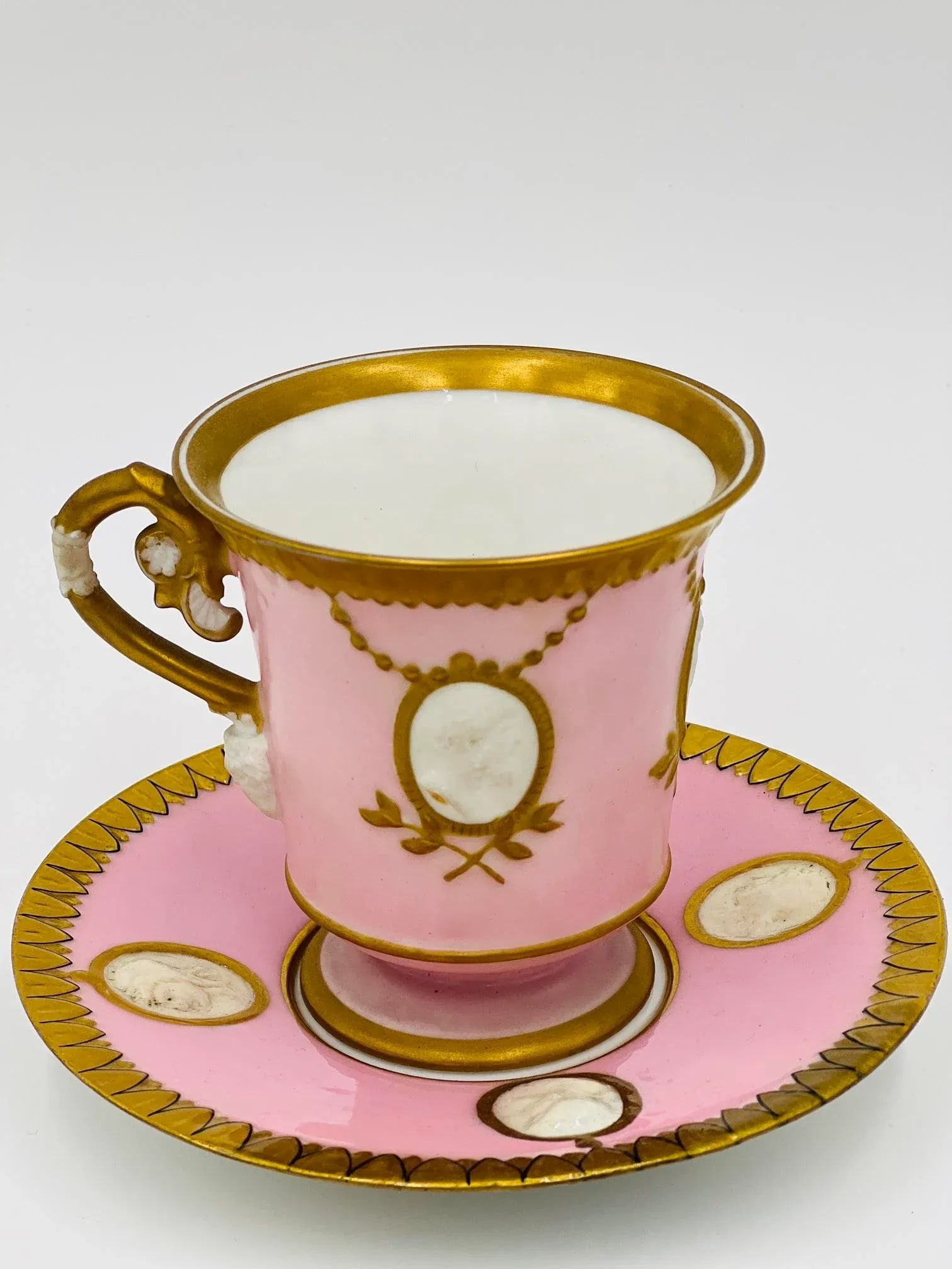 Antique Old Paris Empire Style Classical Teacup & Saucer with Bisque Faces & Ram Head - 11