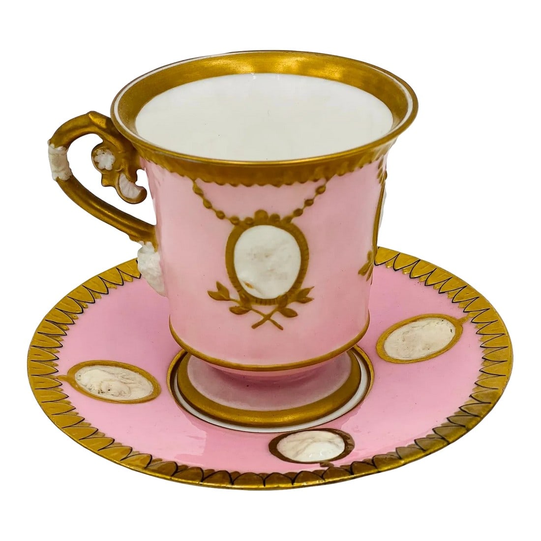 Antique Old Paris Empire Style Classical Teacup & Saucer with Bisque Faces & Ram Head: Rare Old Paris Empire Style Classical Teacup & Saucer w/ Bisque Faces & Ram Head. Style of KPM - unmarked but high quality cup with bisque porcelain handle and heads to exterior. The saucer likely has