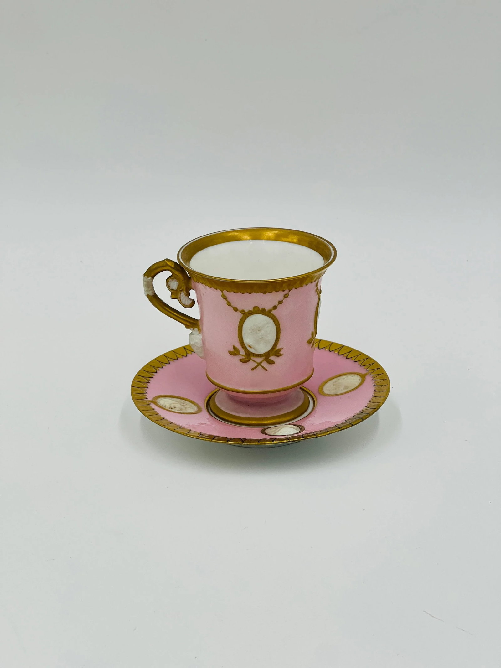 Antique Old Paris Empire Style Classical Teacup & Saucer with Bisque Faces & Ram Head - 2