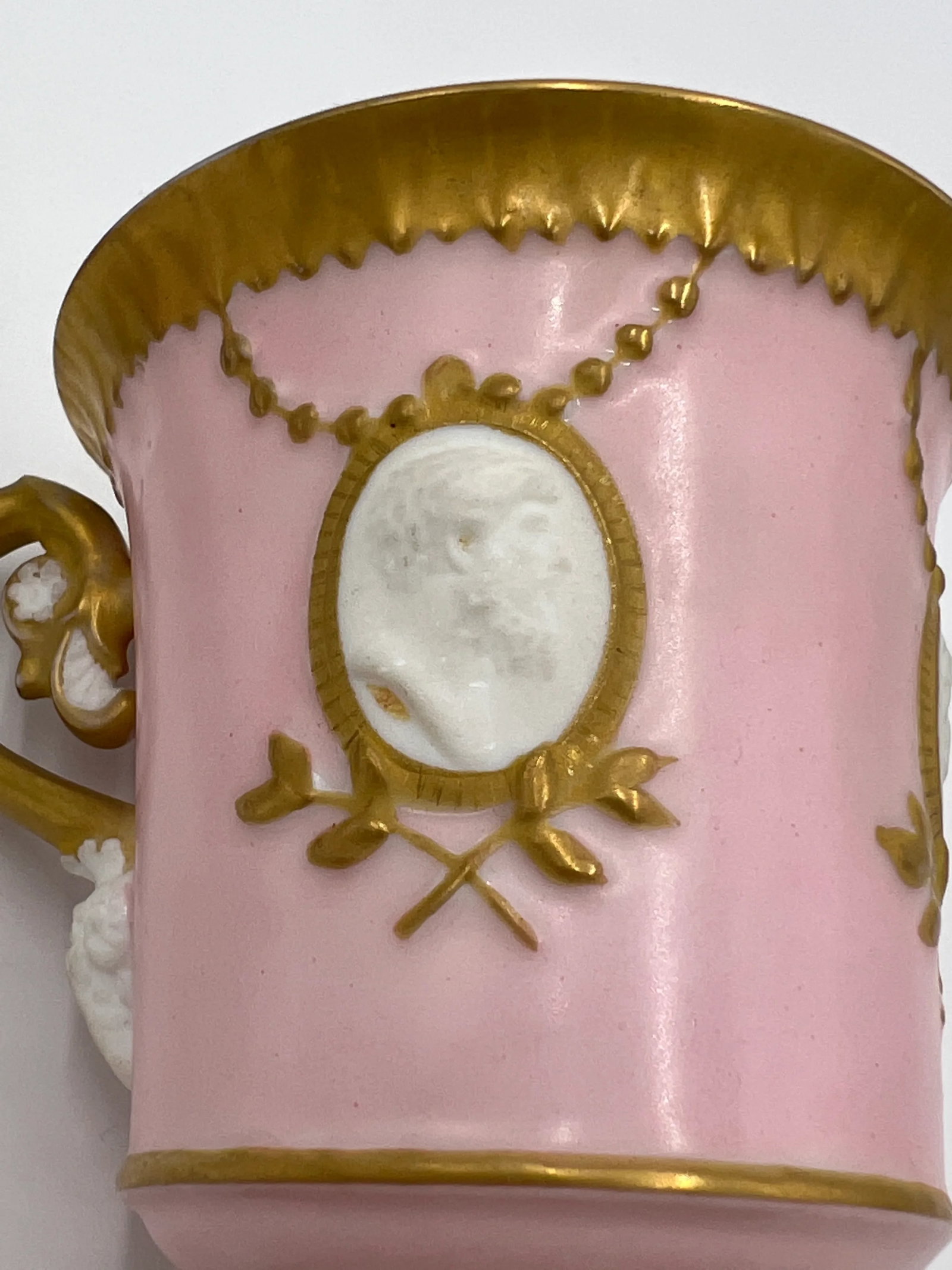 Antique Old Paris Empire Style Classical Teacup & Saucer with Bisque Faces & Ram Head - 4