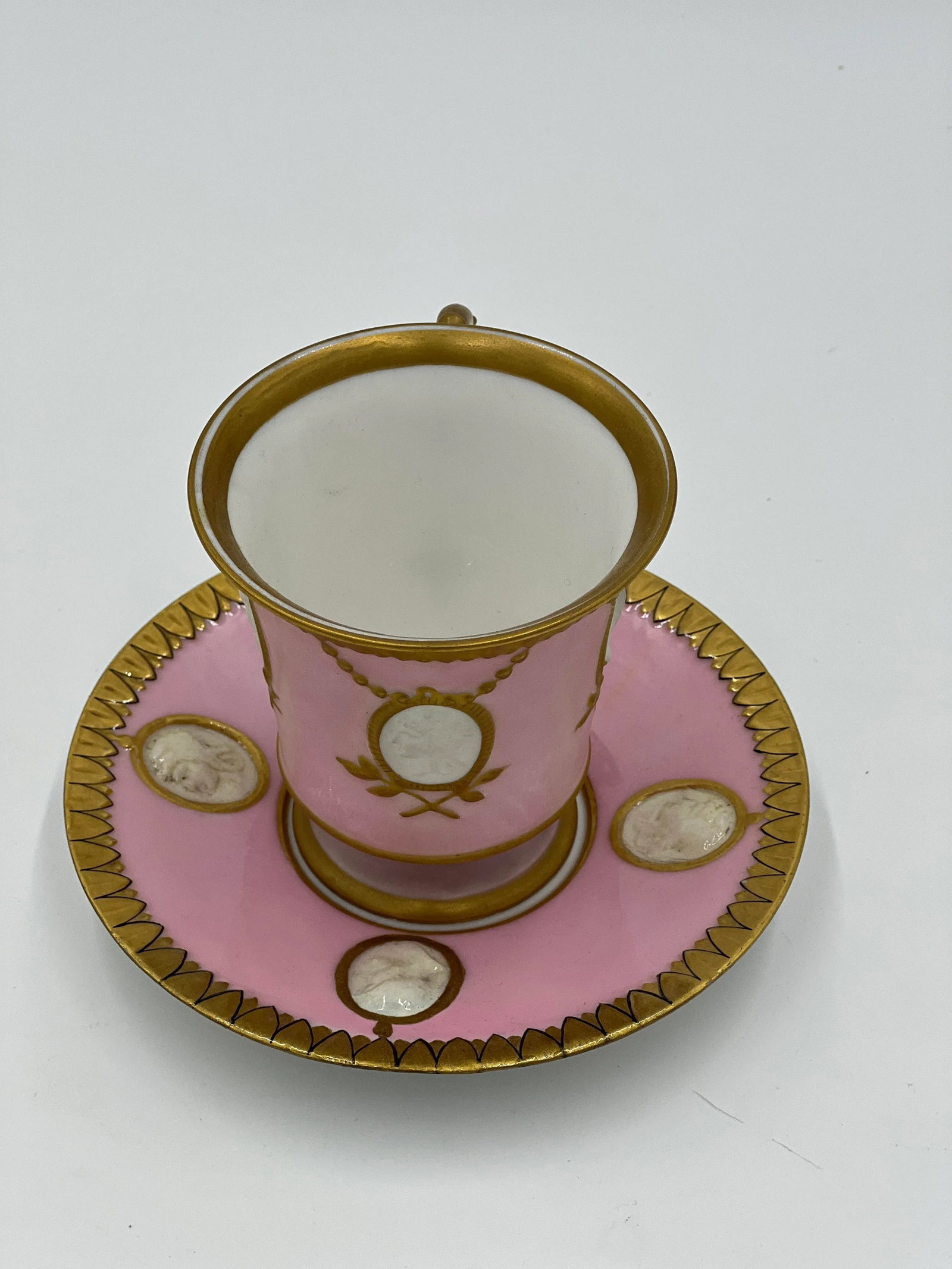 Antique Old Paris Empire Style Classical Teacup & Saucer with Bisque Faces & Ram Head - 9