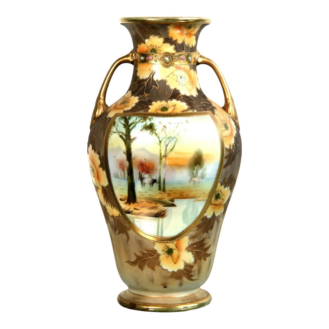 Antique 1920's Japanese Nippon Moriage Vase With Farm Scene: This 1920's Japanese Moriage Vase is a true collector's item. With a light brown and gold color scheme, the vase features intricate orange amber flowers and a center panel depicting a charming