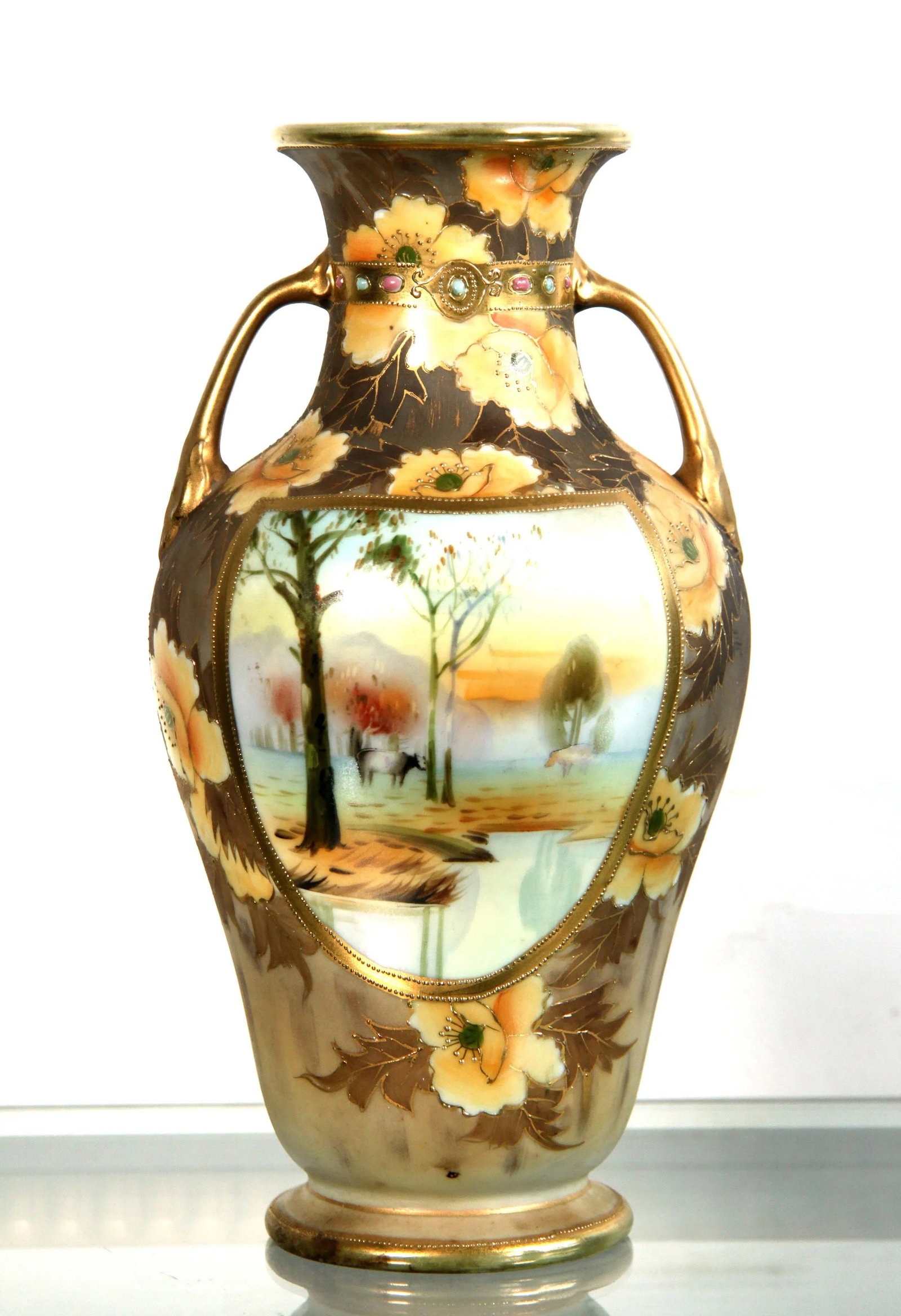 Antique 1920's Japanese Nippon Moriage Vase With Farm Scene - 9