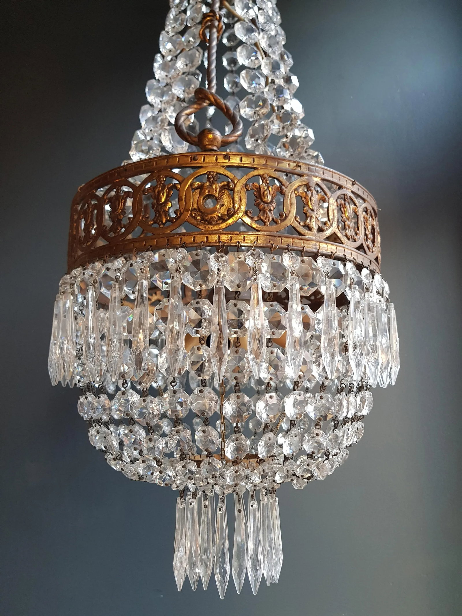 1930s Brass Empire Crystal Lustre Art Nouveau Basket Chandelier - 10
