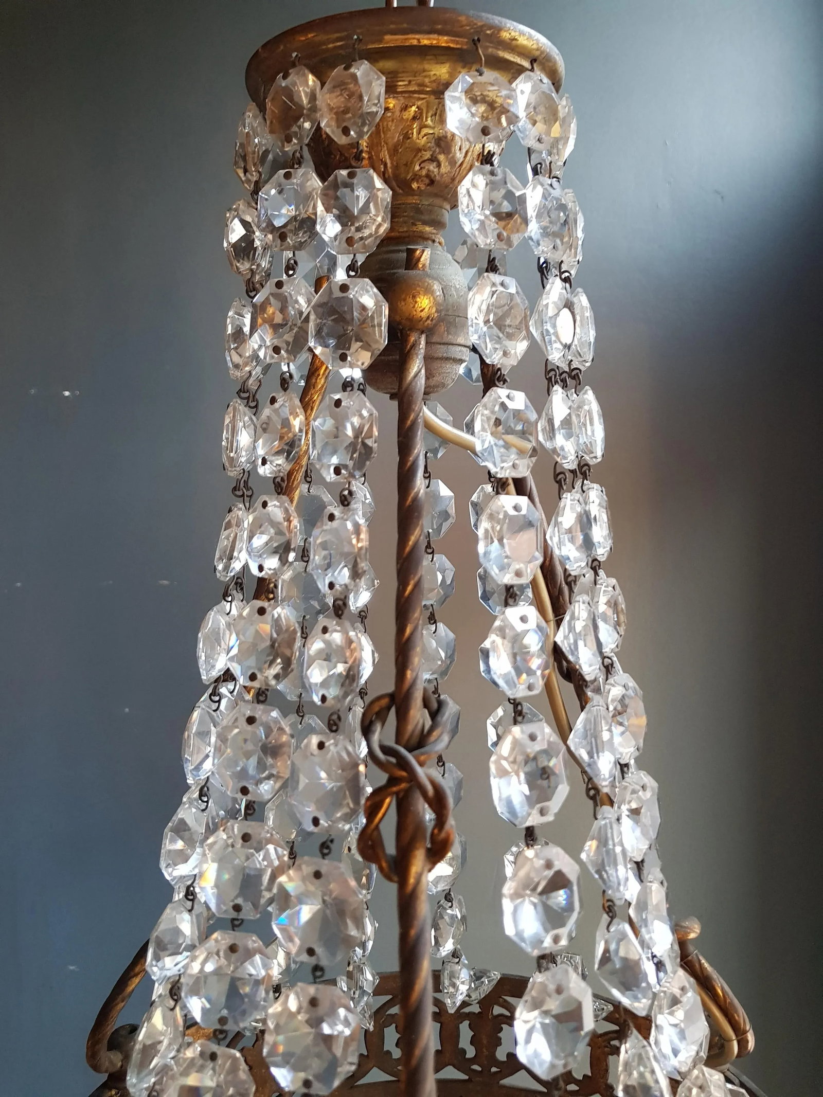 1930s Brass Empire Crystal Lustre Art Nouveau Basket Chandelier - 11