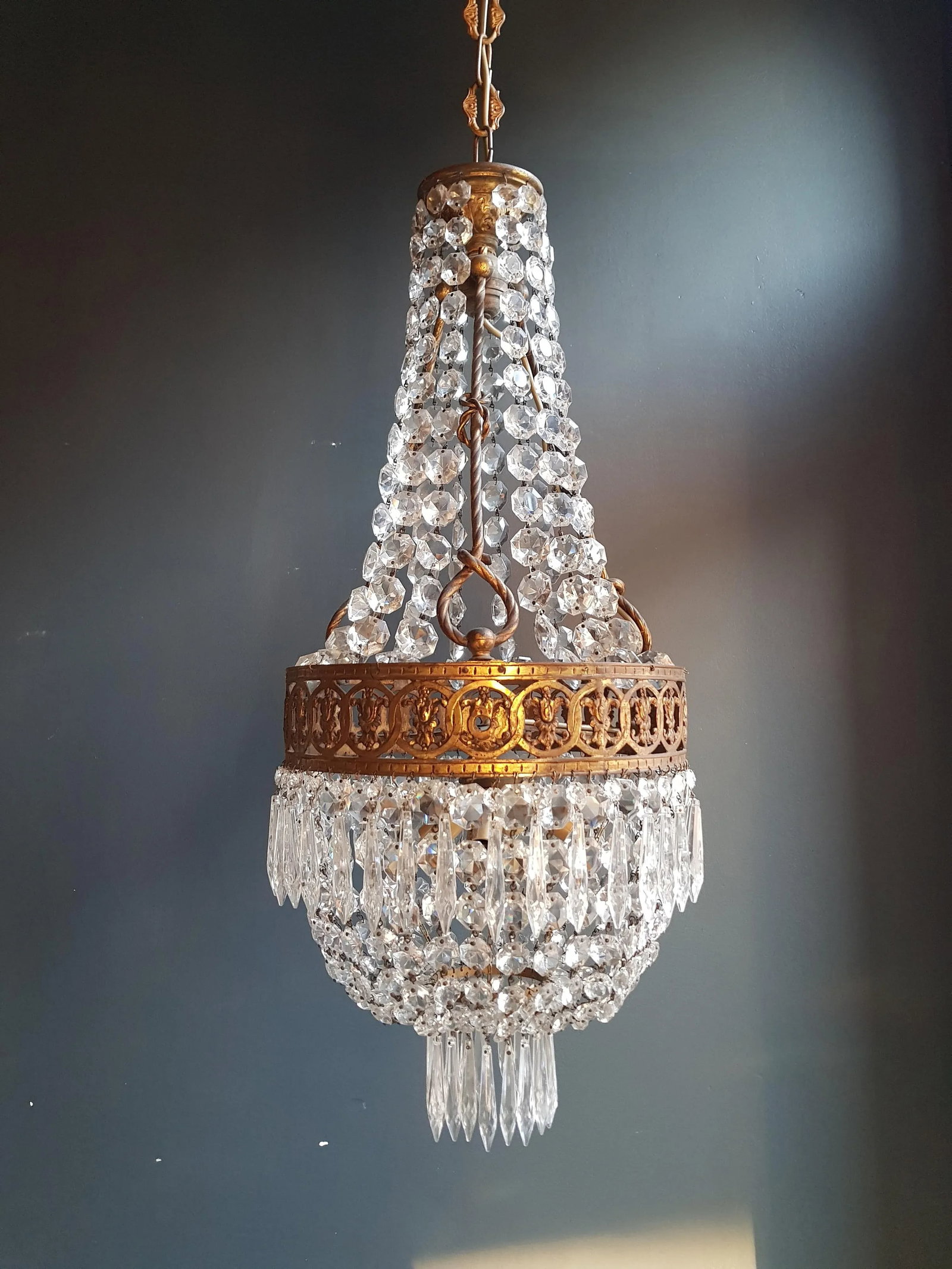 1930s Brass Empire Crystal Lustre Art Nouveau Basket Chandelier - 12