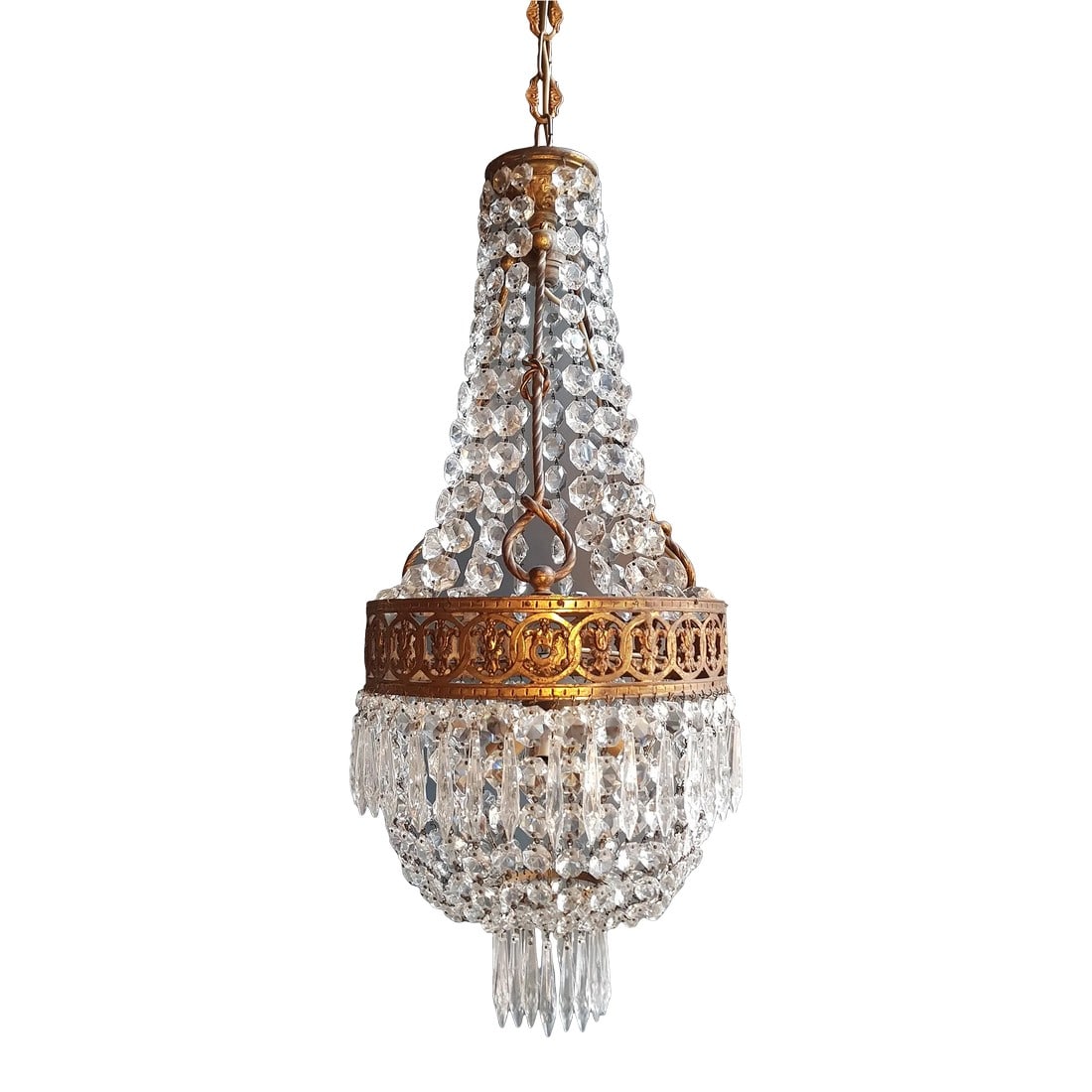 1930s Brass Empire Crystal Lustre Art Nouveau Basket Chandelier: Presenting a captivating Antique Art Nouveau Brass Empire Crystal Basket Chandelier, a harmonious fusion of historical charm and timeless elegance. This chandelier, dating back to circa 1930, has been