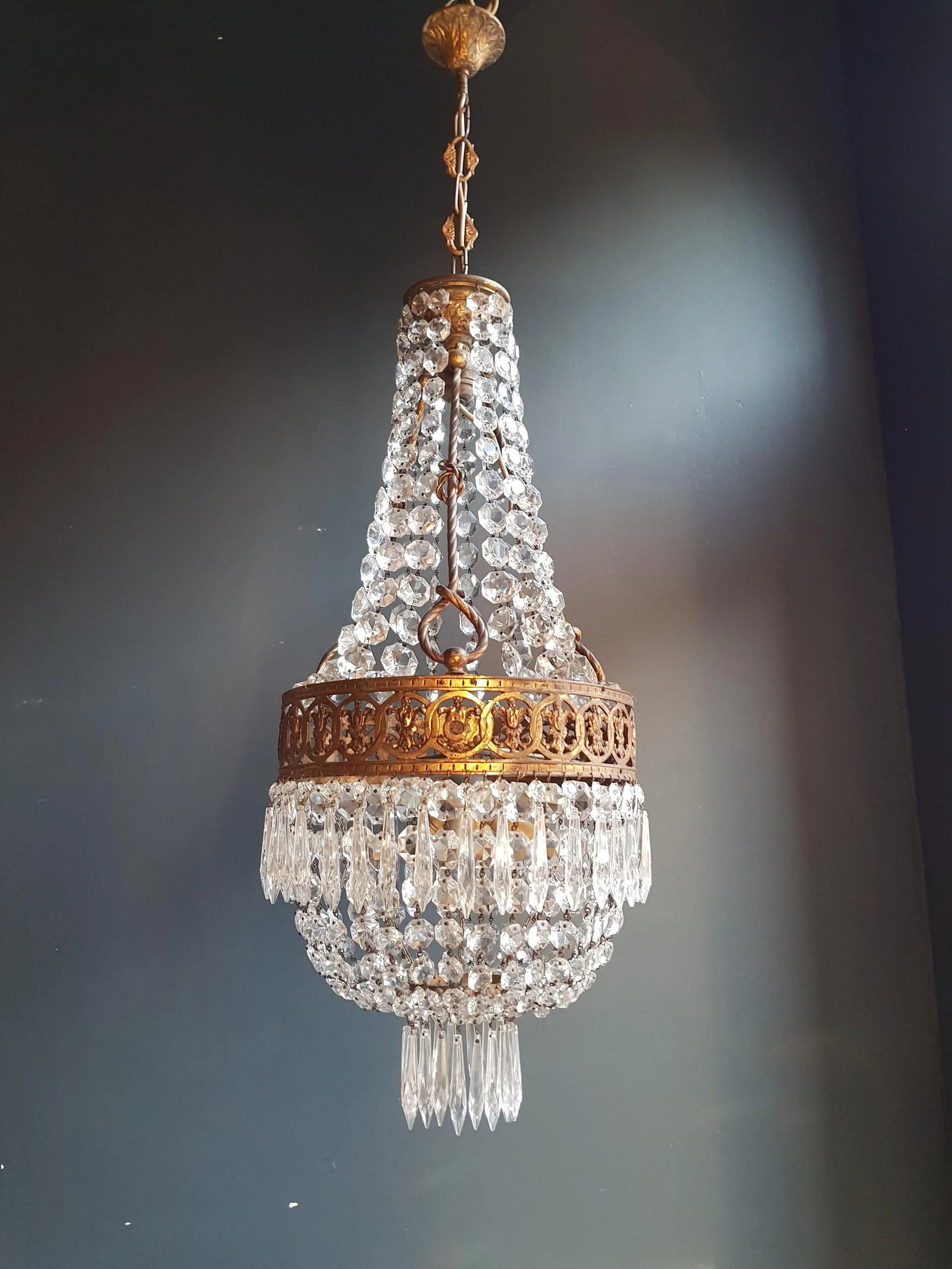 1930s Brass Empire Crystal Lustre Art Nouveau Basket Chandelier - 2