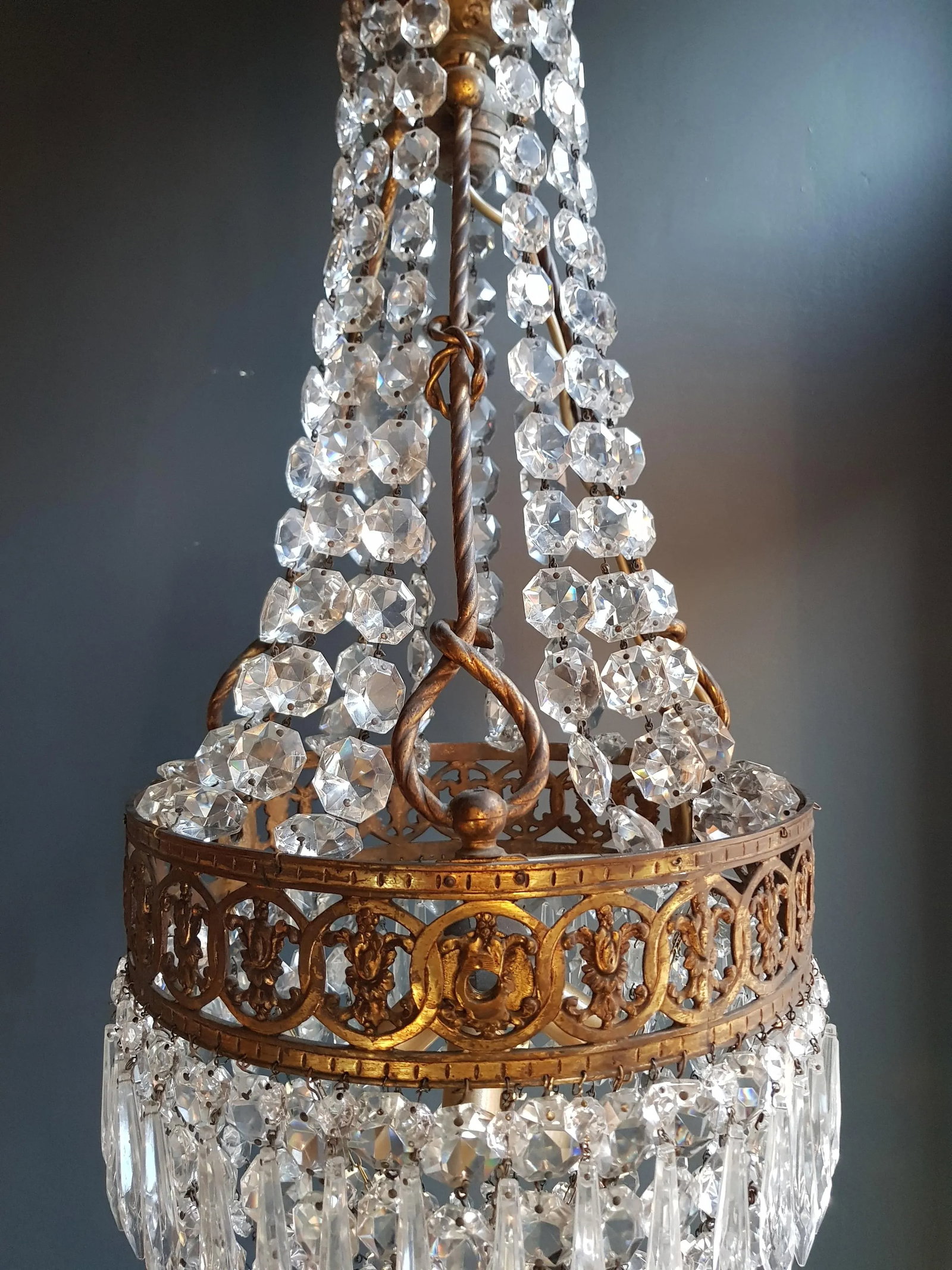 1930s Brass Empire Crystal Lustre Art Nouveau Basket Chandelier - 3