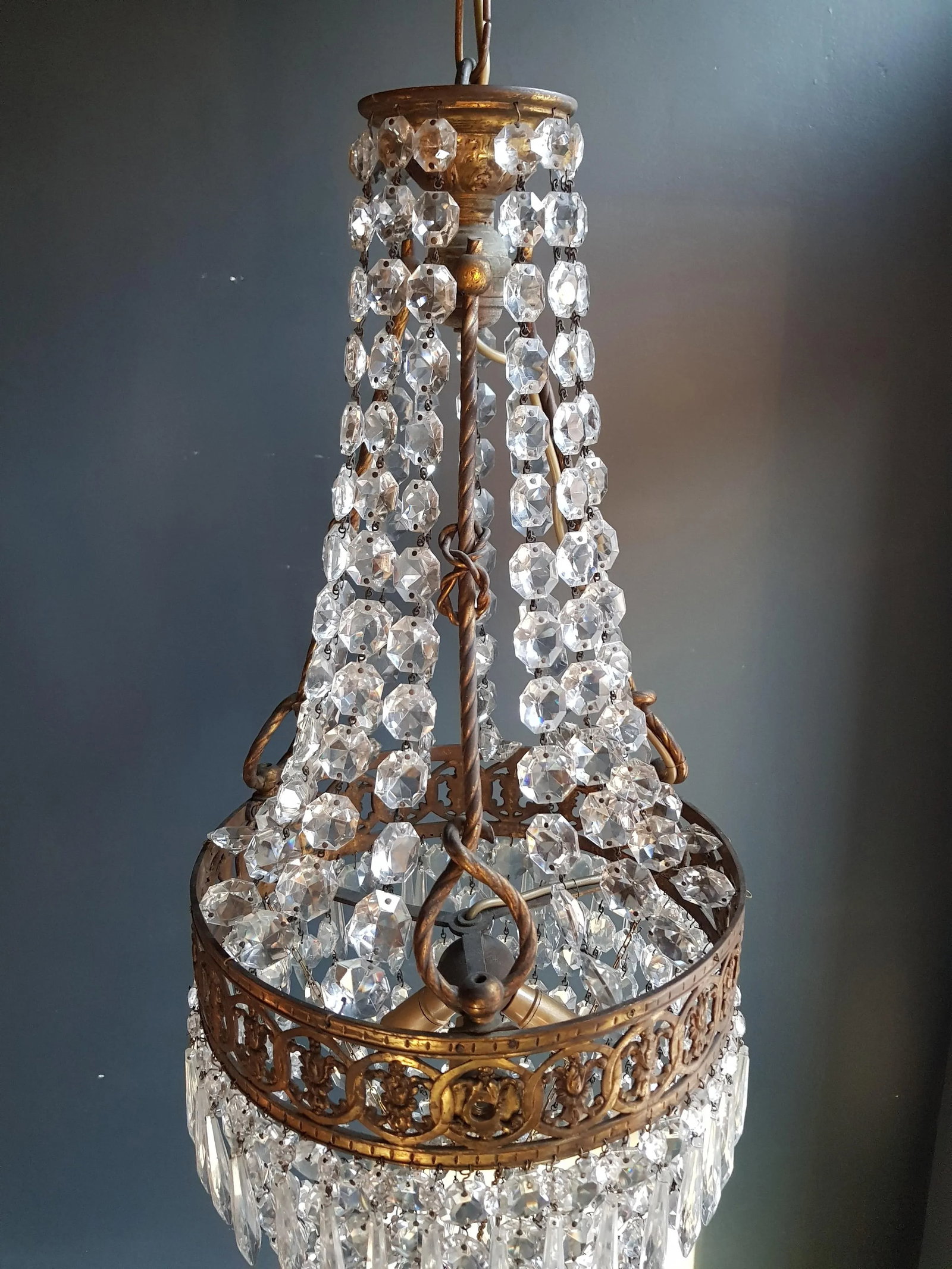 1930s Brass Empire Crystal Lustre Art Nouveau Basket Chandelier - 4