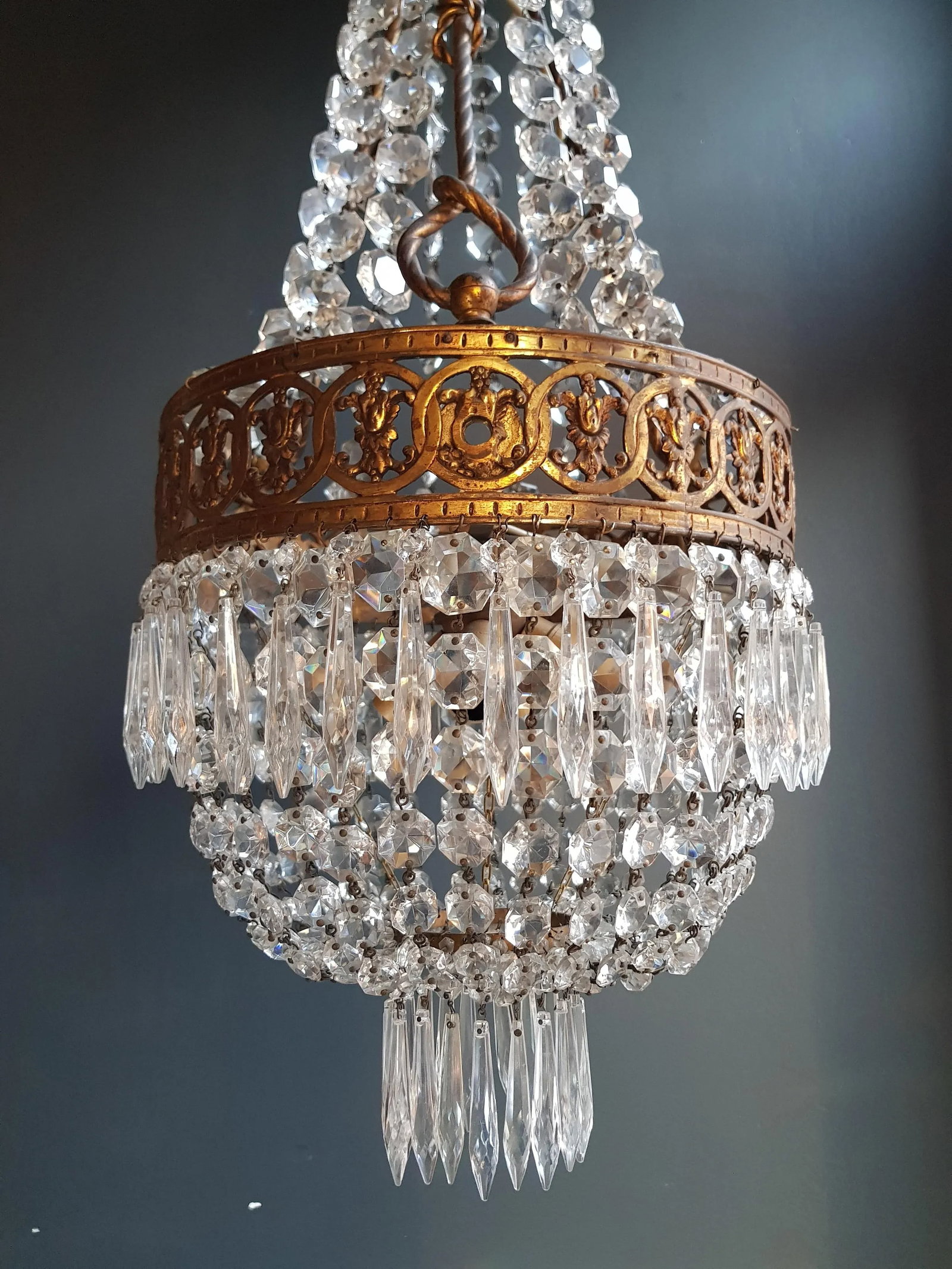 1930s Brass Empire Crystal Lustre Art Nouveau Basket Chandelier - 5